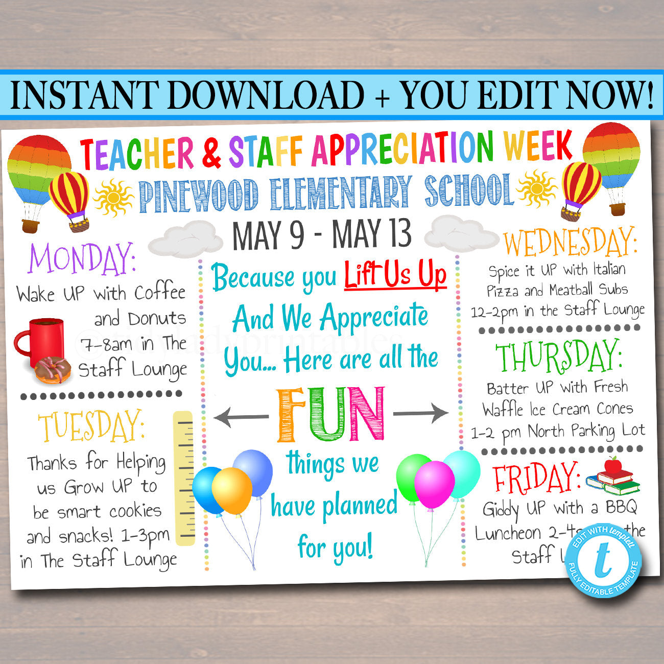 Teacher Appreciation Week Itinerary Poster - Templett Shop