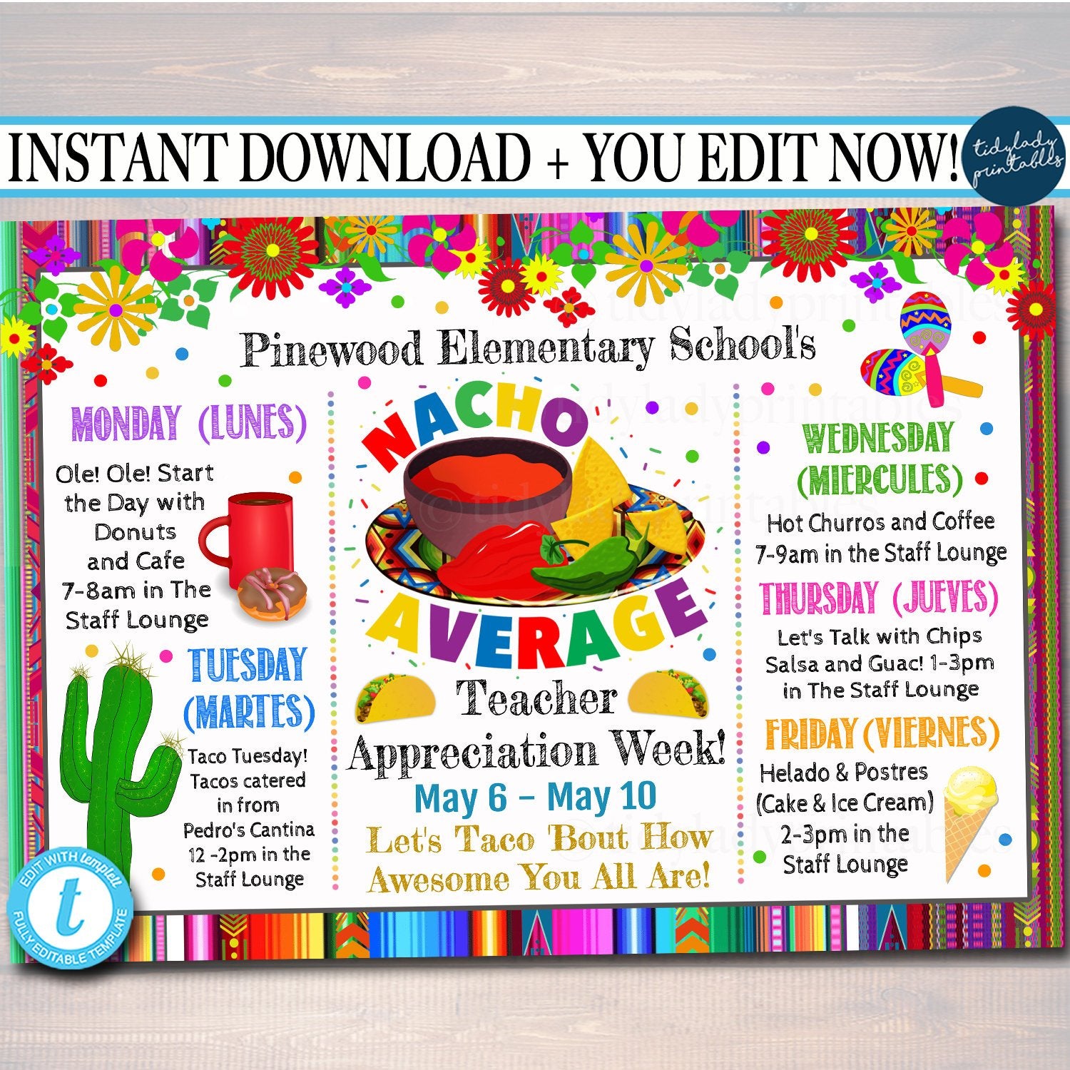 Nacho Average Teacher Appreciation Week Itinerary Poster - Templett Shop