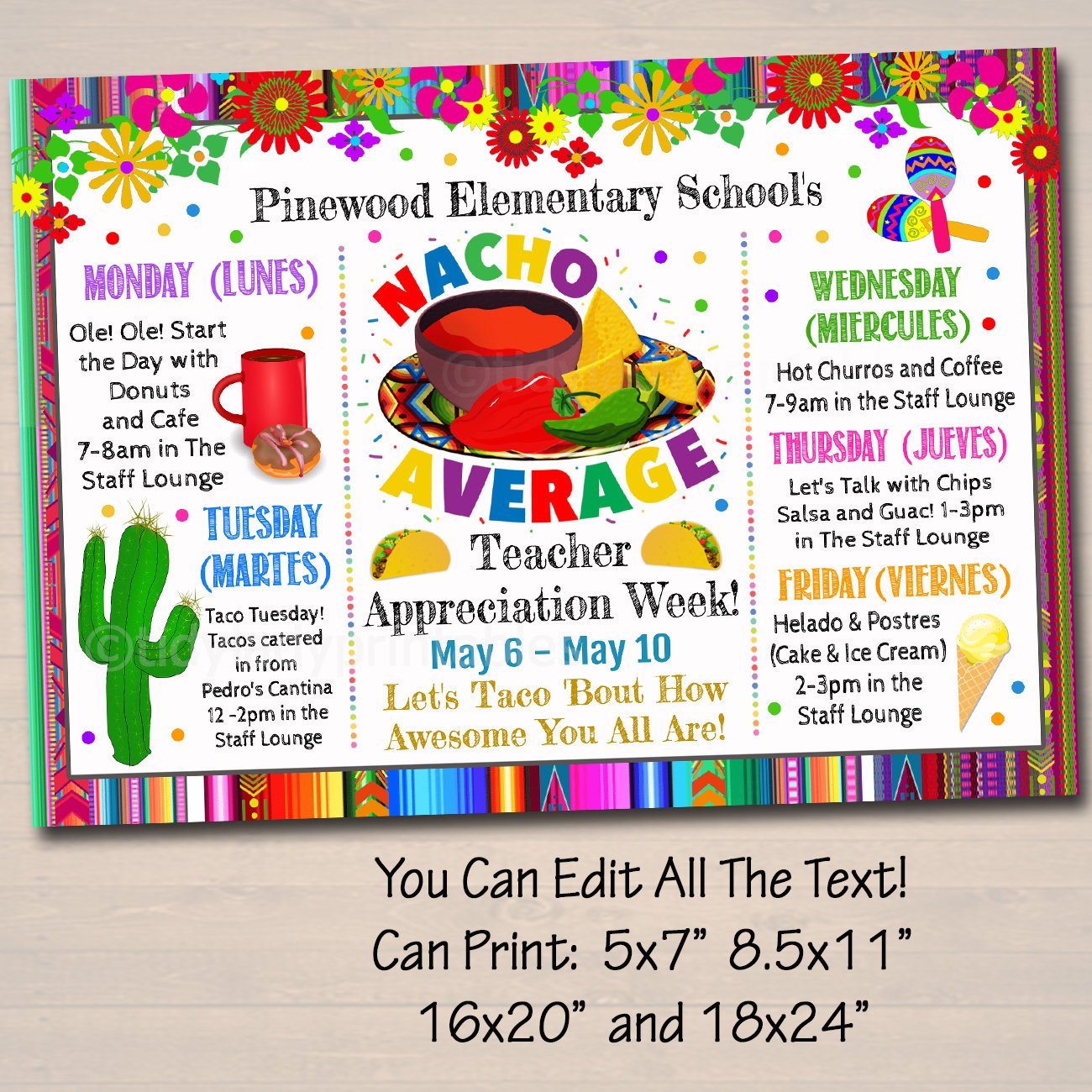 Nacho Average Teacher Appreciation Week Itinerary Poster - Templett Shop