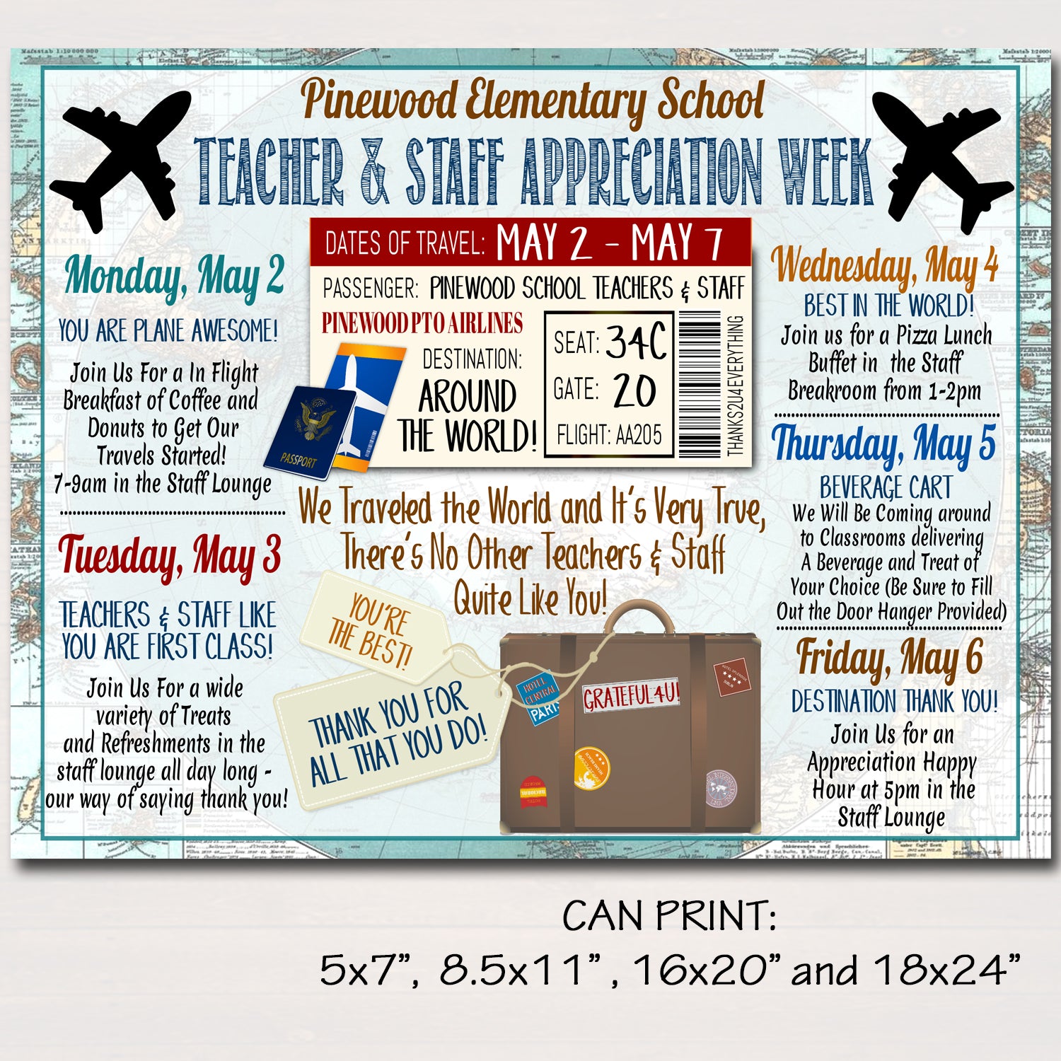 World Travel Map Themed Teacher Appreciation Week Itinerary Poster ...