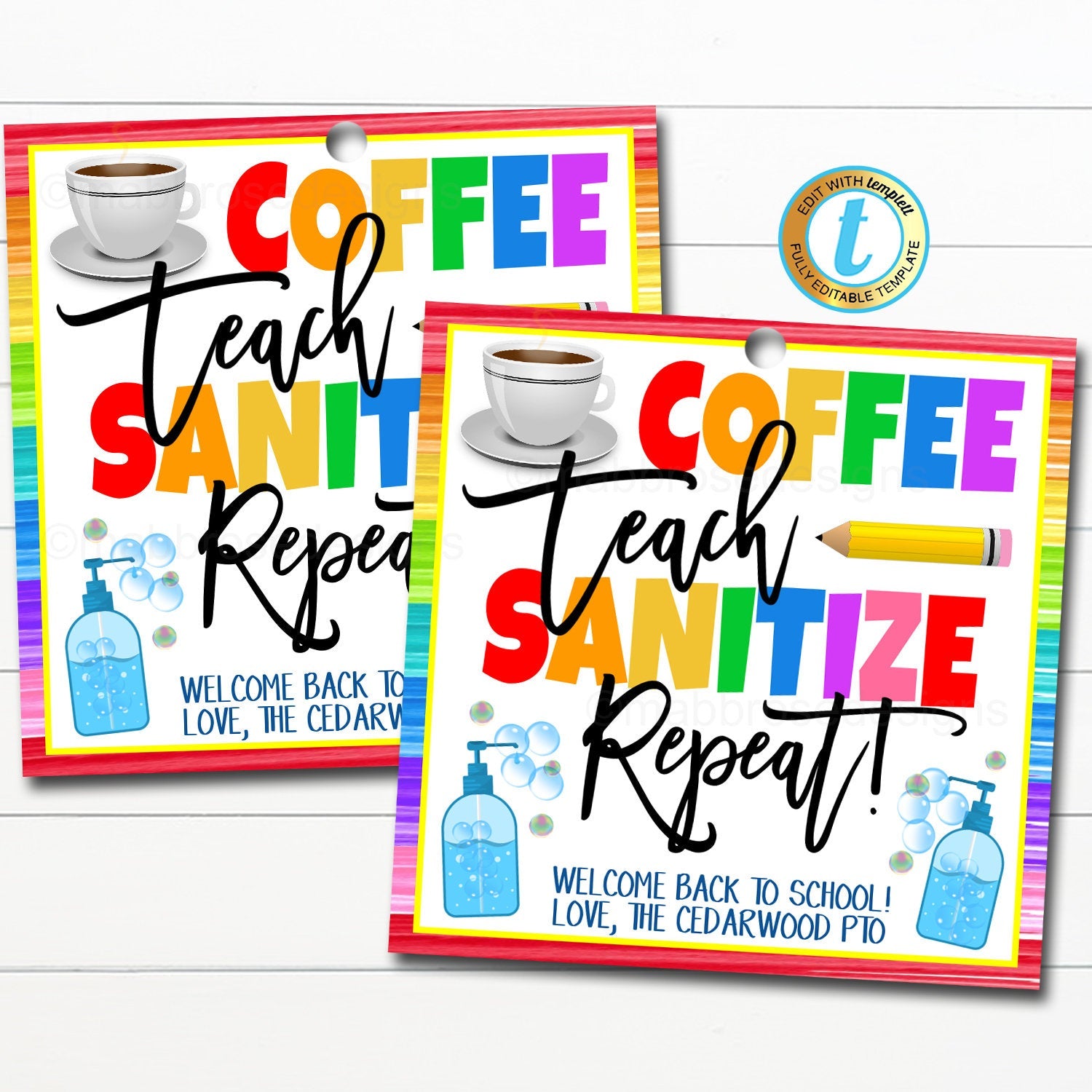 Back To School Teacher Gift Tag - Coffee Teach Sanitize Repeat ...