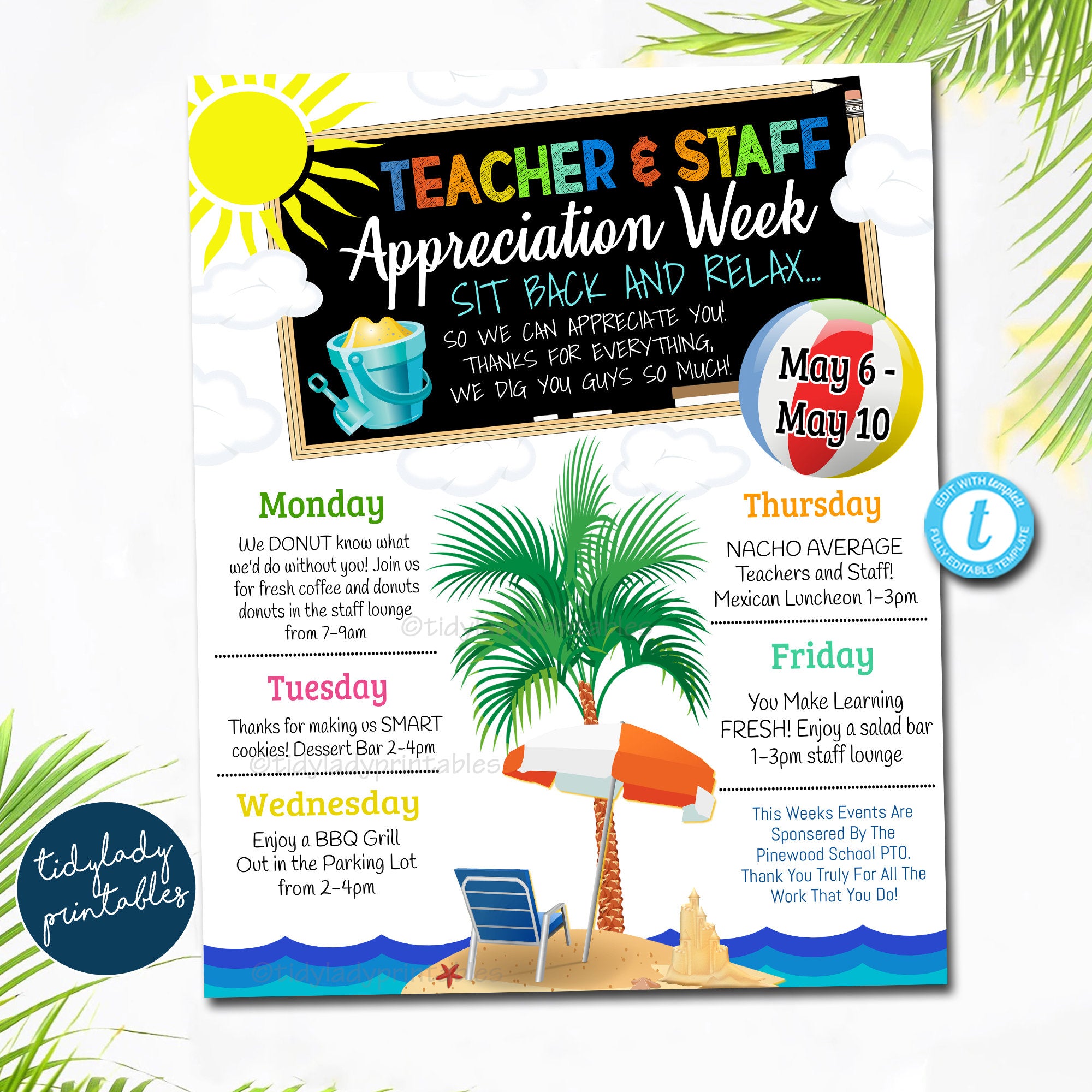 Beach Themed Teacher Appreciation Week Itinerary - Templett Shop