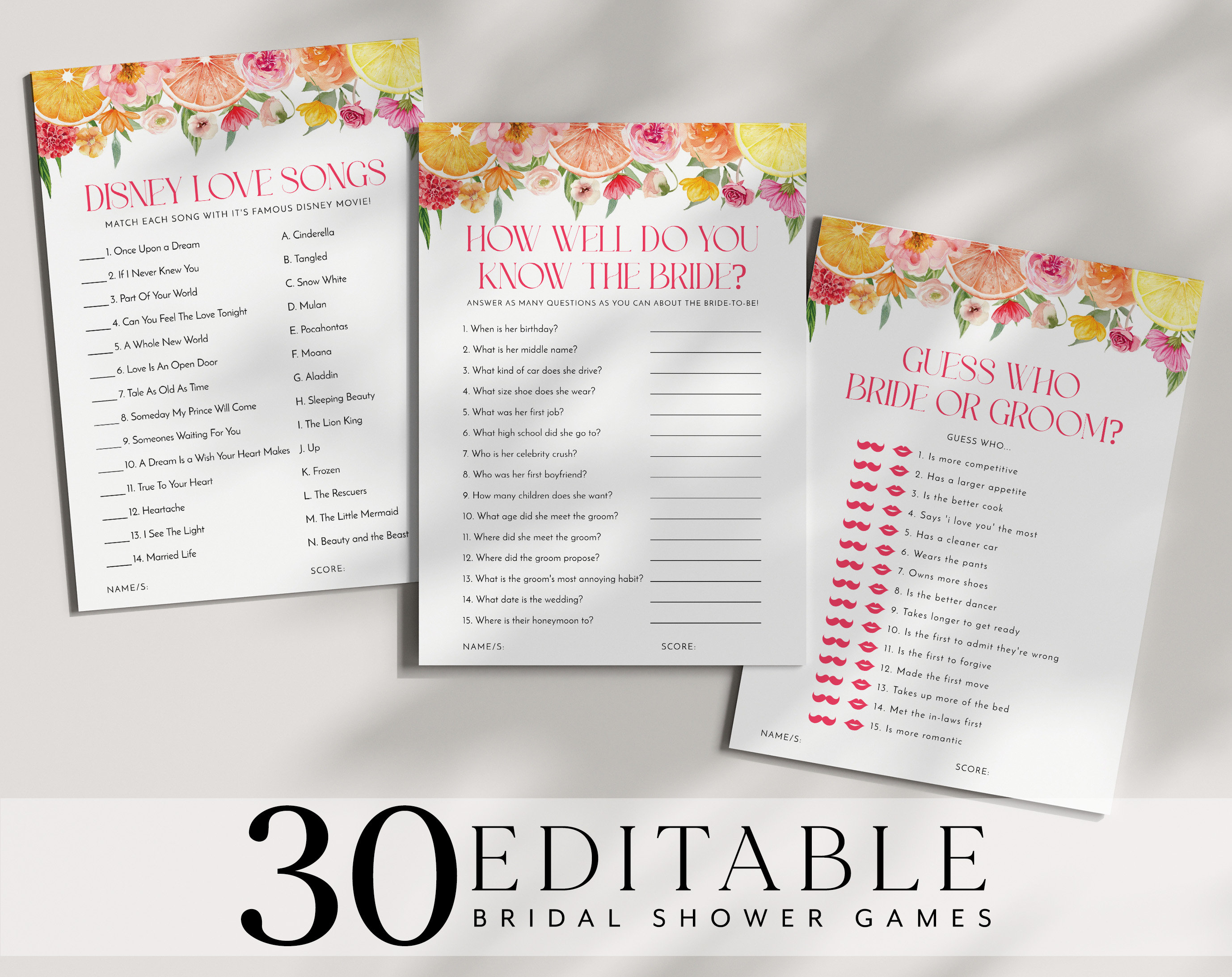 Bridal Shower Games Printable, Lemon Bridal Shower Games, Citrus Bridal ...