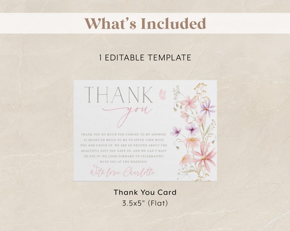 Wildflower Thank You Card Template, Printable Thank You Card Instant ...