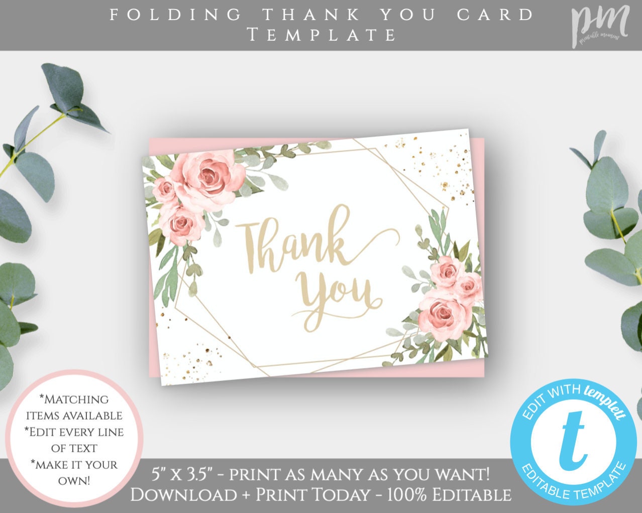 Blush Pink Floral Folding Thank You Card Template, Printable Watercolor ...