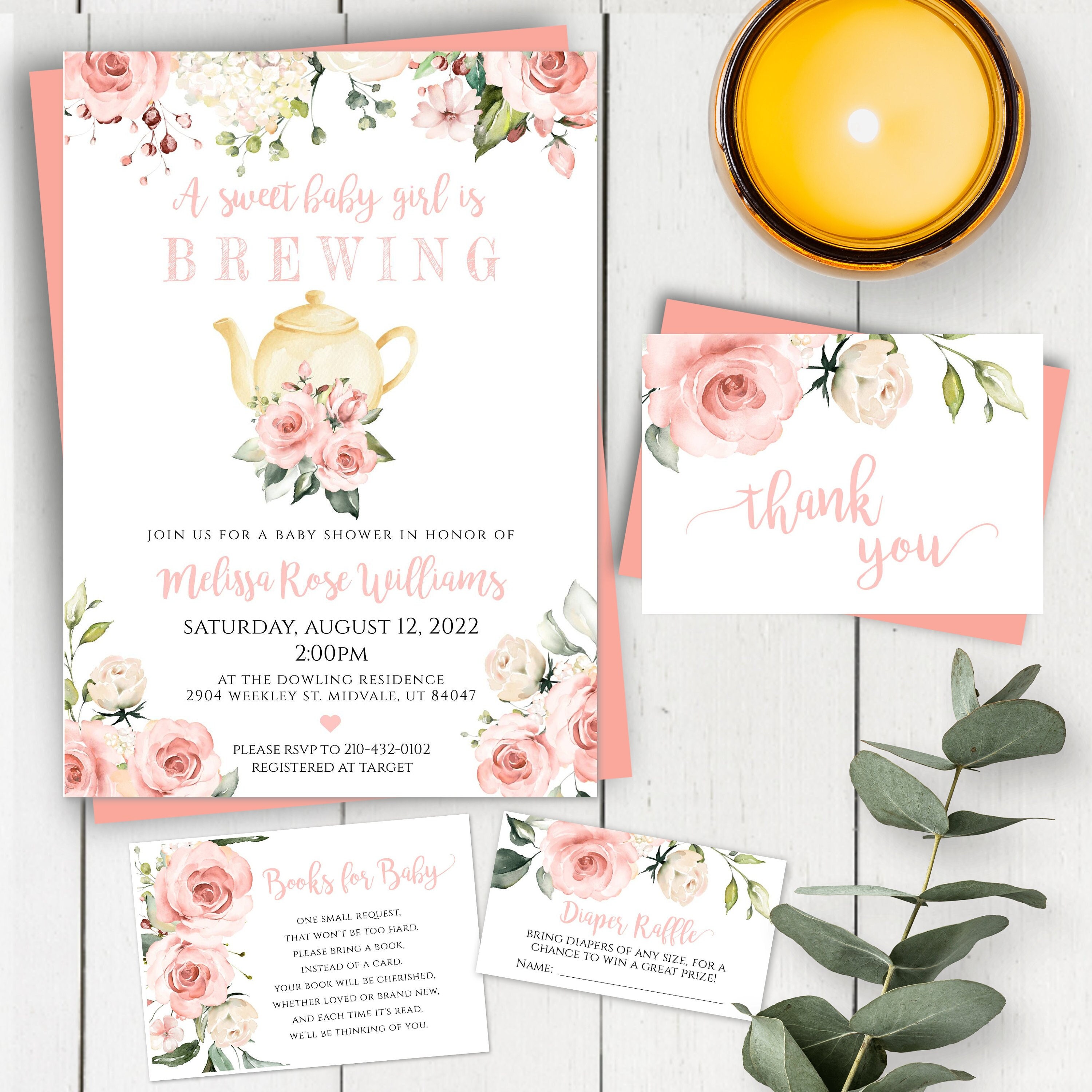 Tea Party Baby Shower Invitation Template, Tea Party Invitation, Pink  Floral Girl Baby Shower, A Baby Is Brewing, Printable Invitation, BSBP -  Templett Shop, image size:3000x3000