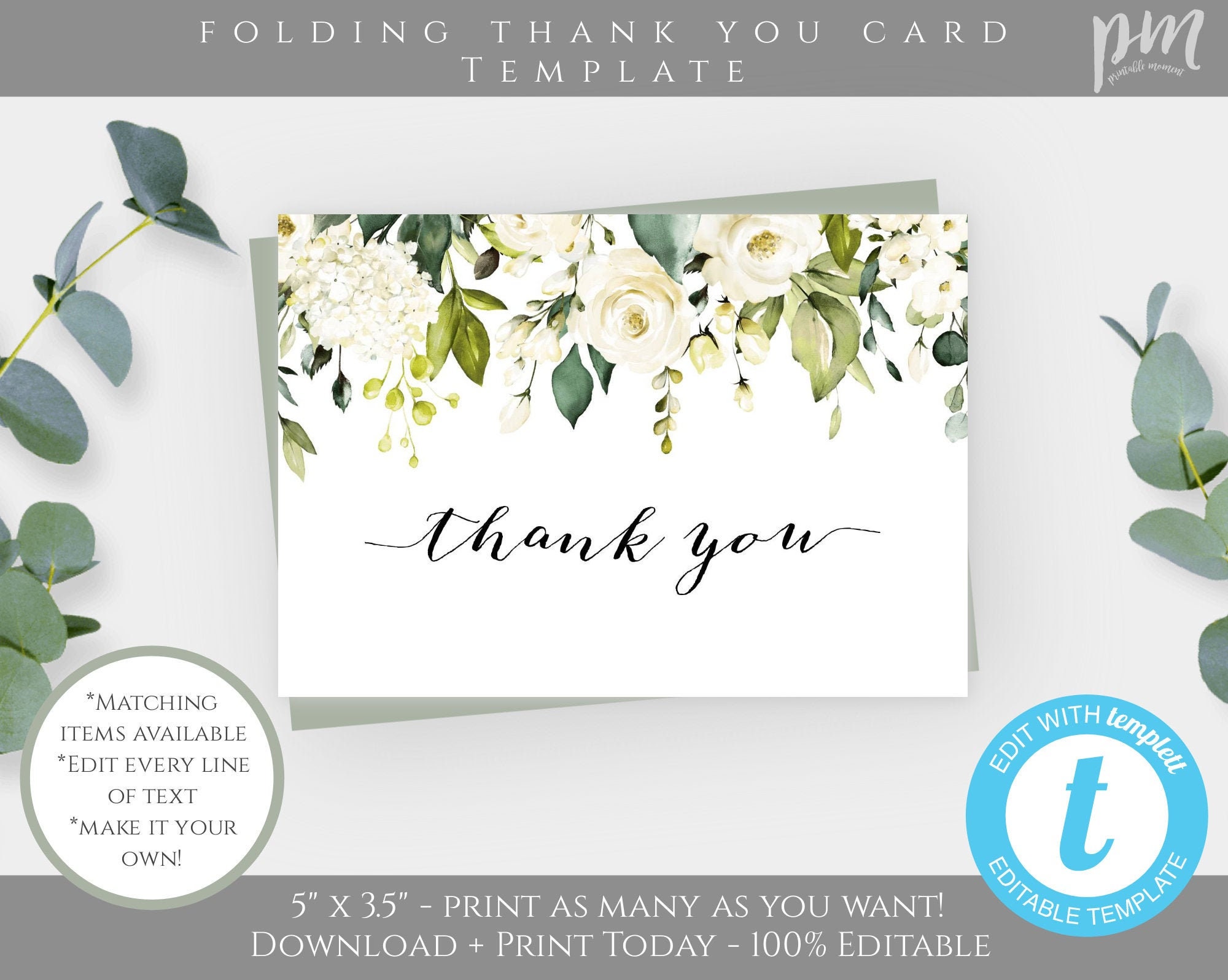 White Floral Funeral Folding Thank You Card Template, Greenery Thank ...