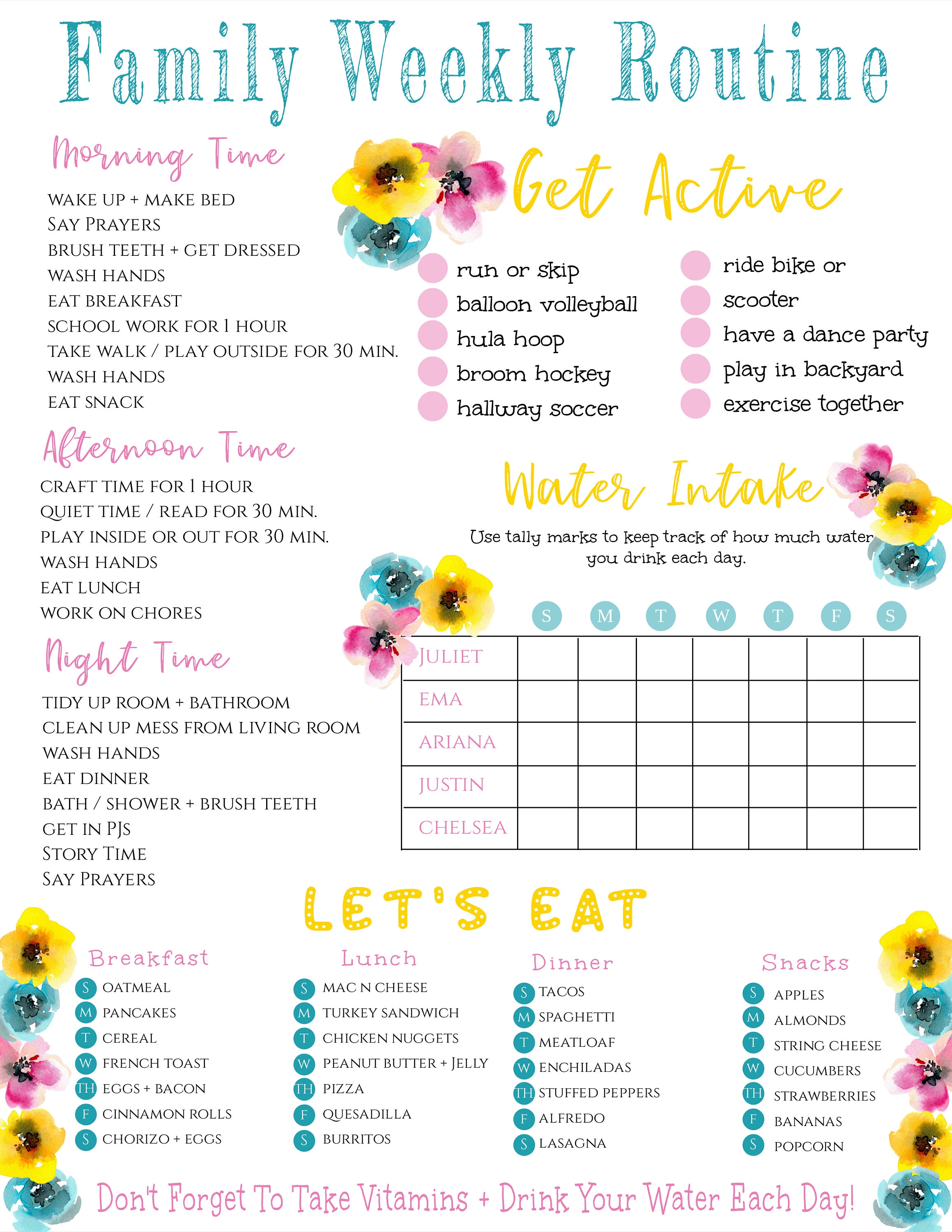 Family Weekly Routine Template Spring Theme, Editable Weekly Planner ...