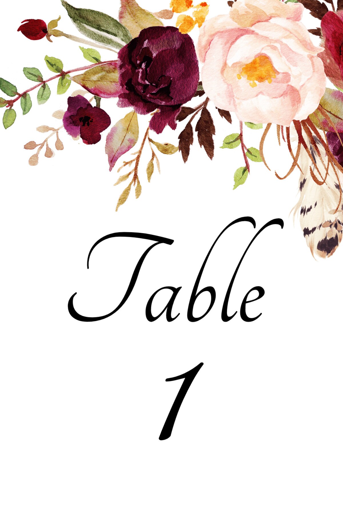 Burgundy Wedding Table Number Template, Printable Rustic Table Number ...