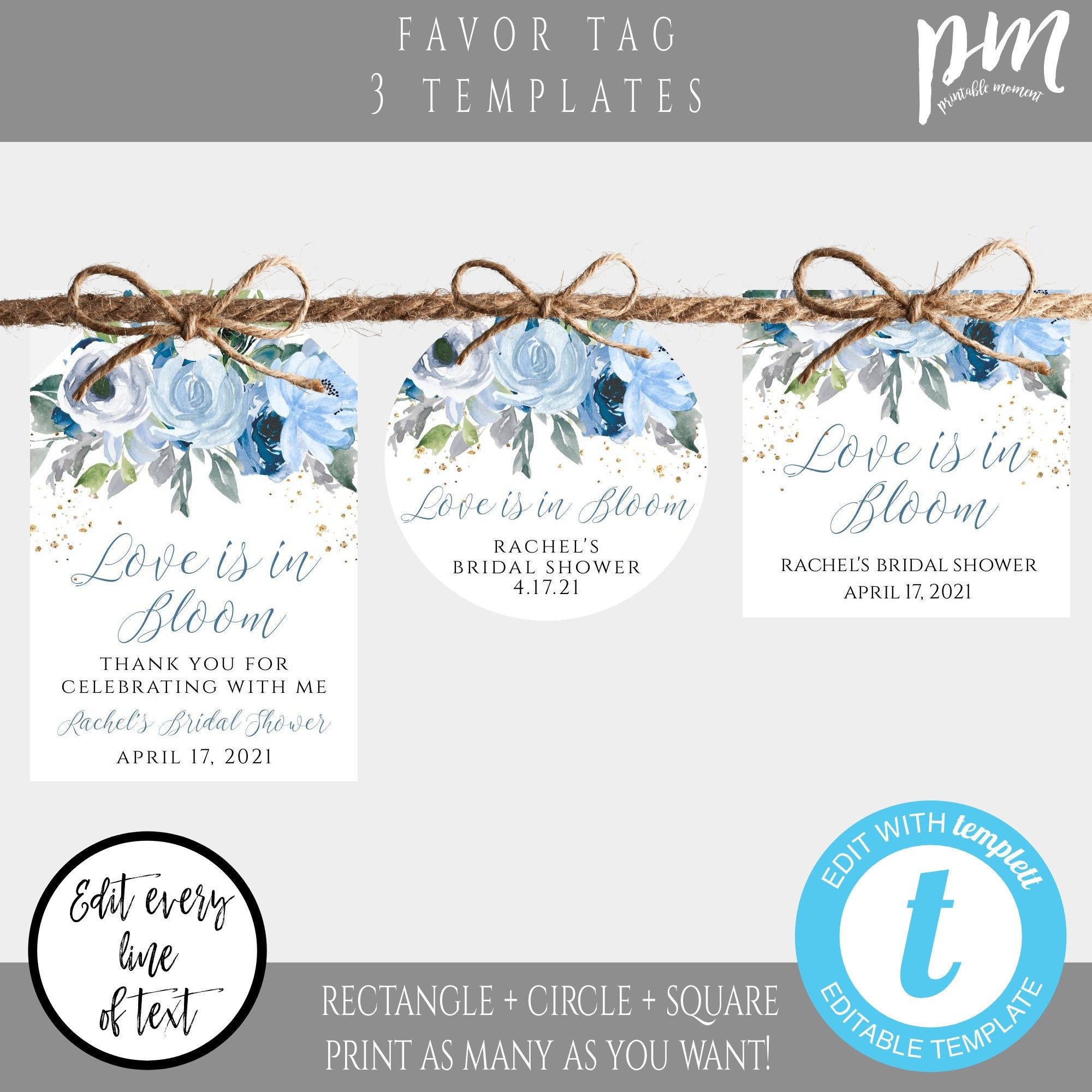 Blue Floral Love is in Bloom Favor Tags Template Set, Thank You Tag for ...