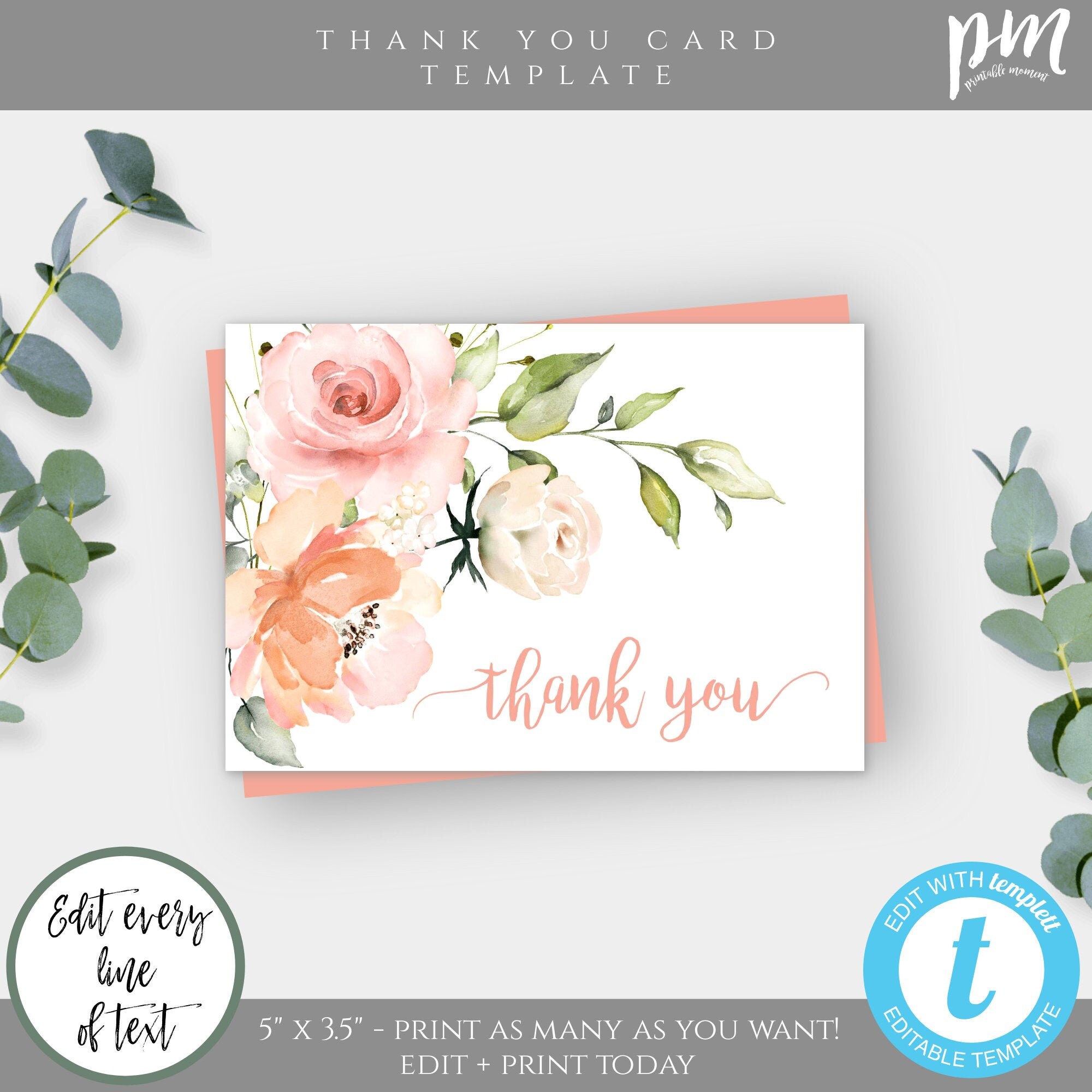Peach Floral Thank You Card Template, Editable Baptism Thank You Card ...