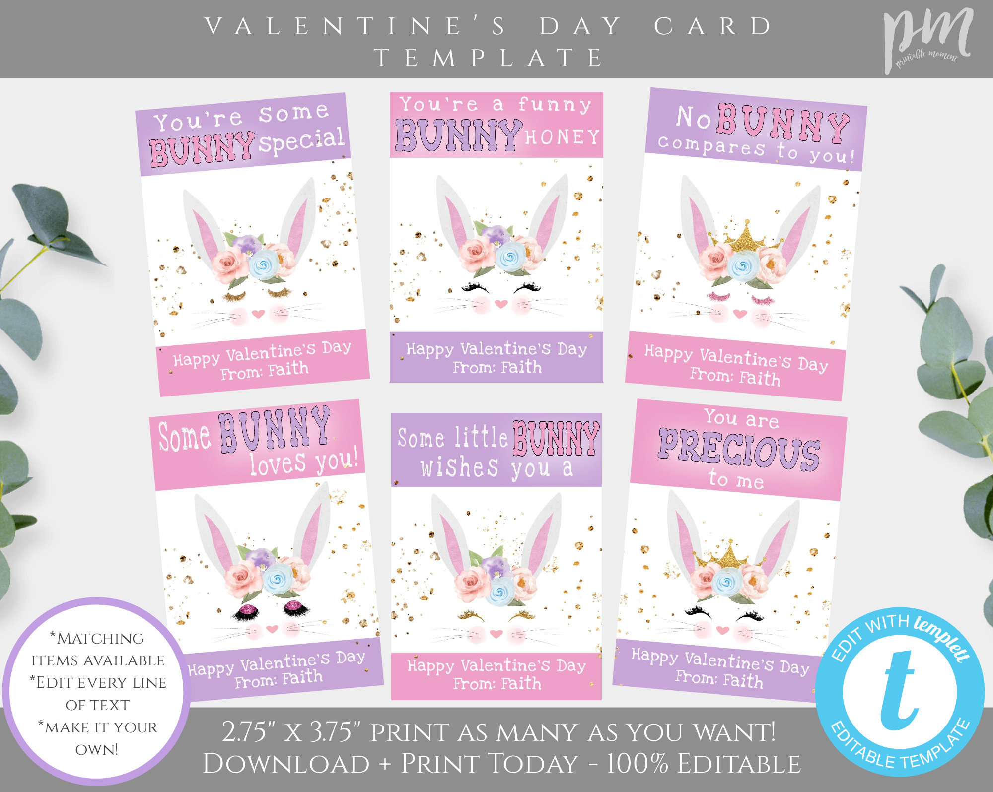 Bunny Valentine Card Template, Bunny Valentines Cards for Kids ...