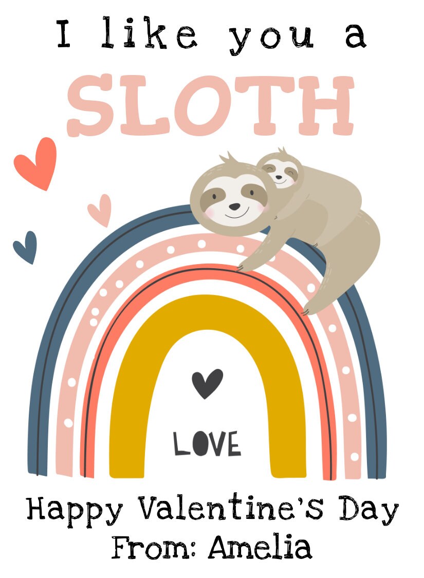 Sloth Valentines Day Card Template, Rainbow Valentines Cards for Kids ...