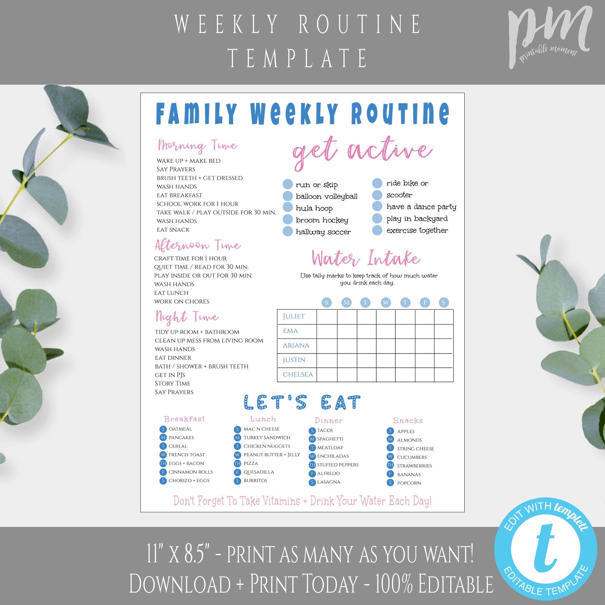 Family Weekly Routine Template, Editable Weekly Planner Printable Daily ...