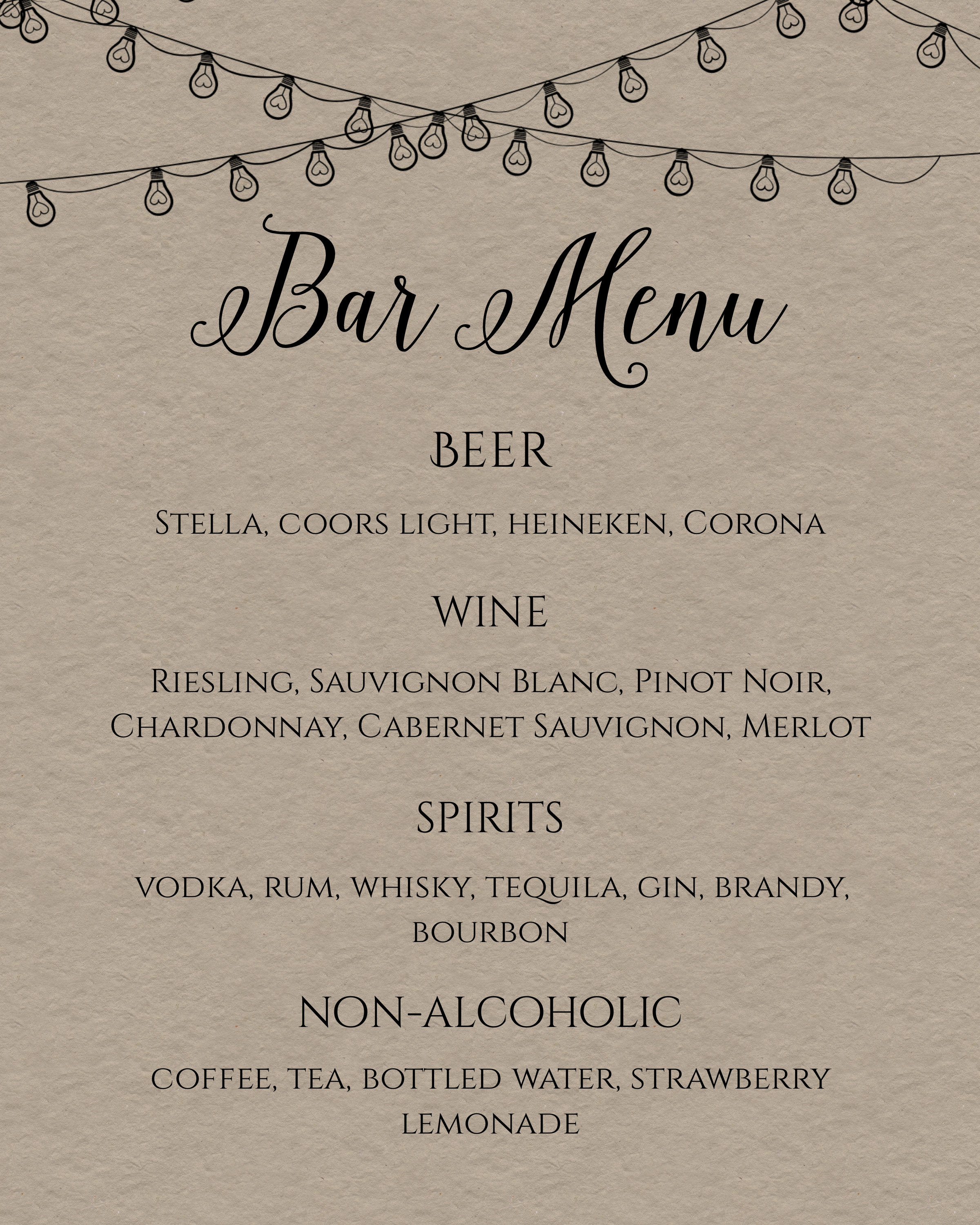 Rustic Menu Sign Rustic Bar Menu Sign Template with String Lights, Printable Bar Sign ...