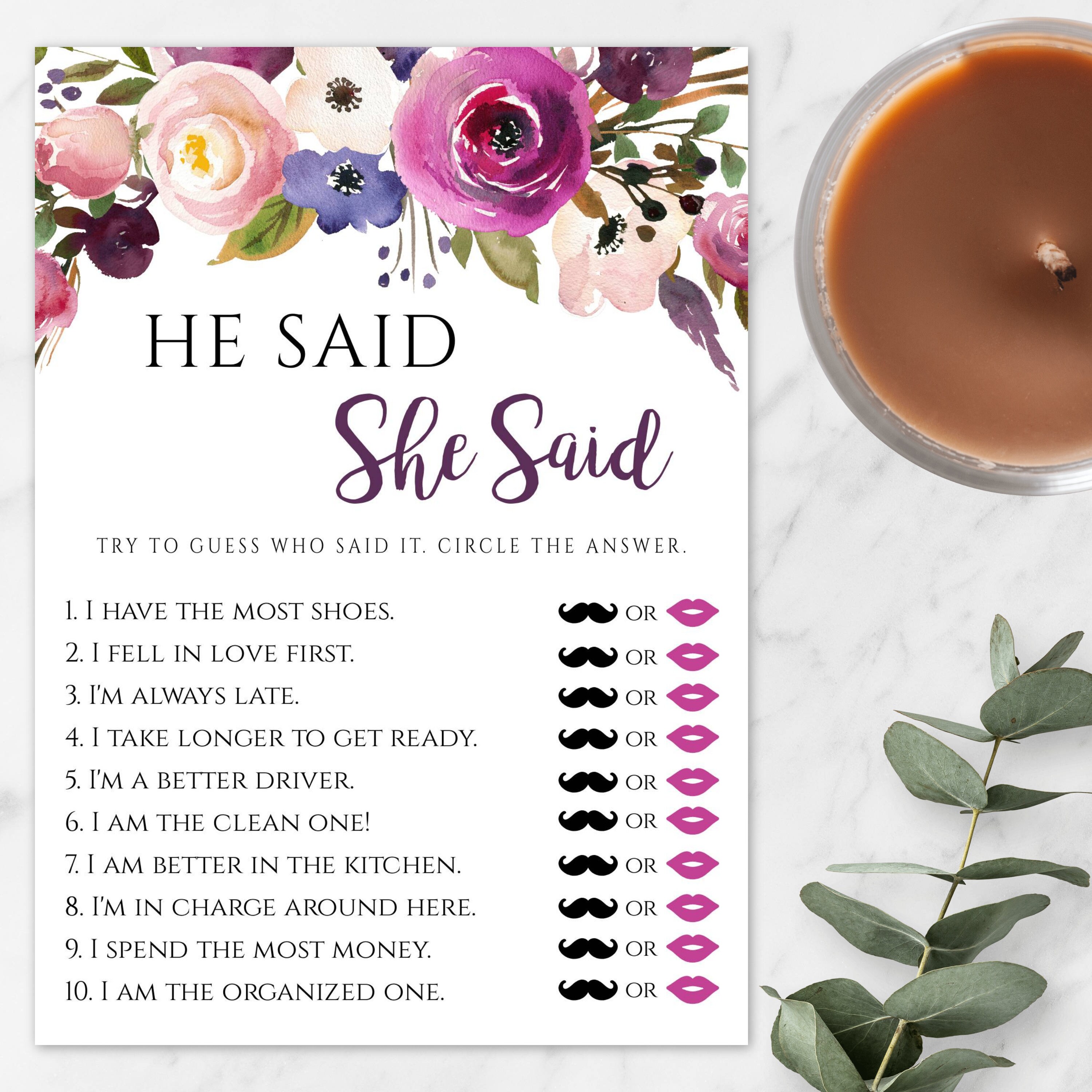 He Said She Said Bridal Shower Game Template, Purple Floral Bridal