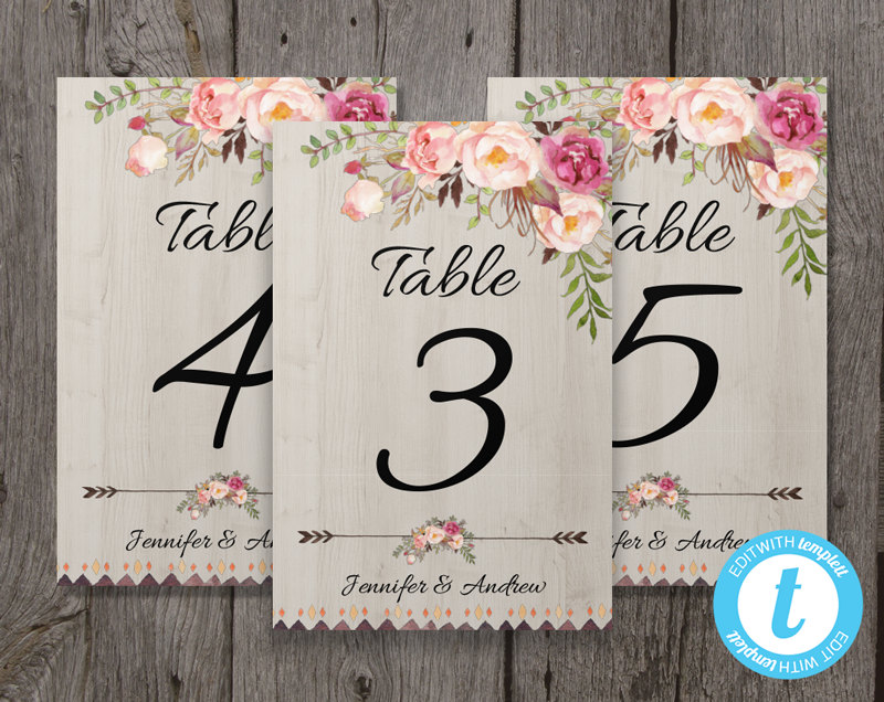Rustic Wedding Table Numbers, 4x6 Boho Table Numbers, Printable Floral ...