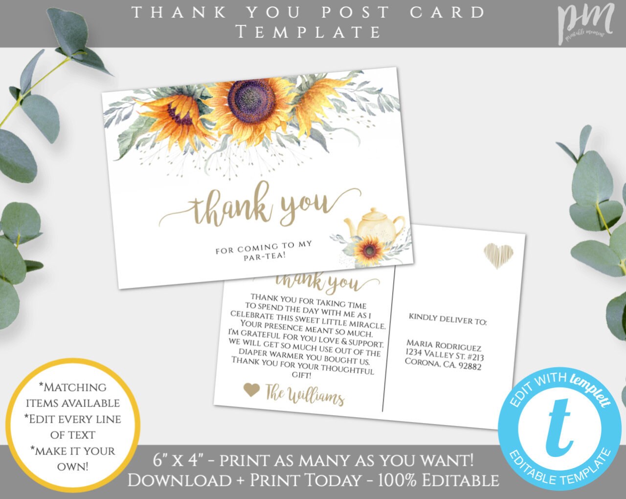 Sunflower Thank You Note Post Card Template Printable Thank You ...