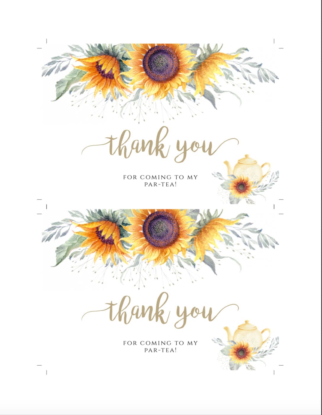 Sunflower Thank You Note Post Card Template Printable Thank You ...