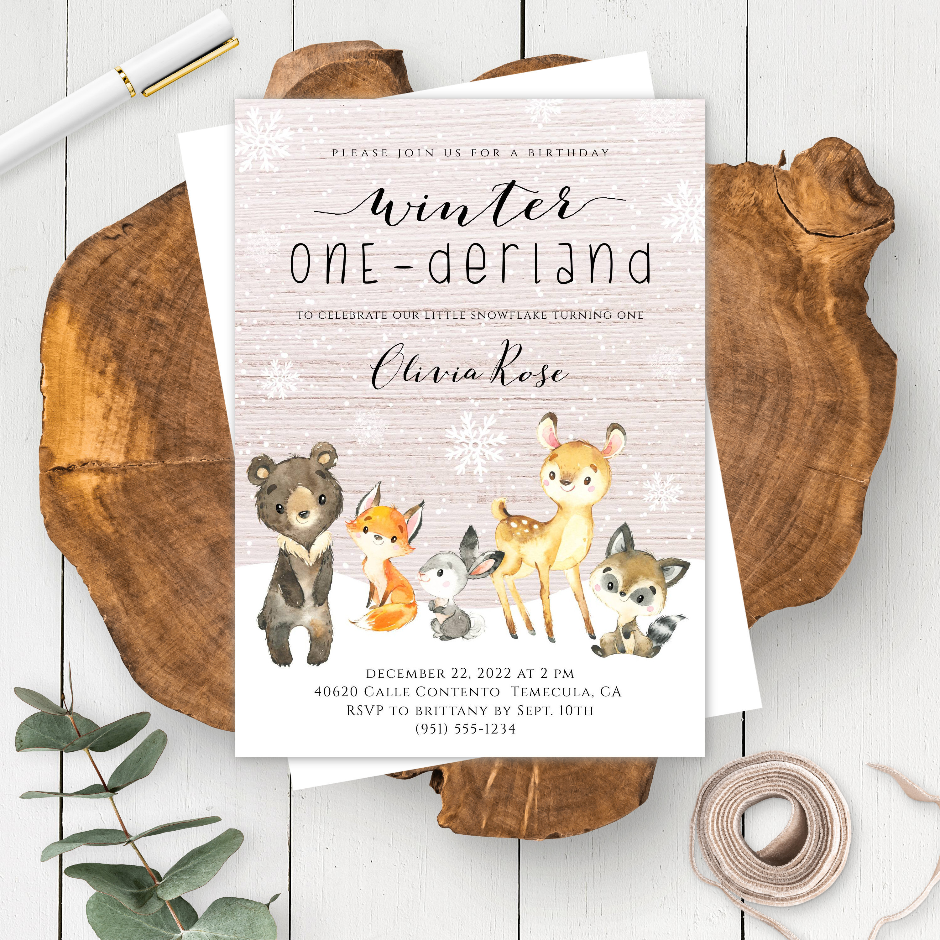 Rustic Woodland Animal Winter Onederland First Birthday Invitation