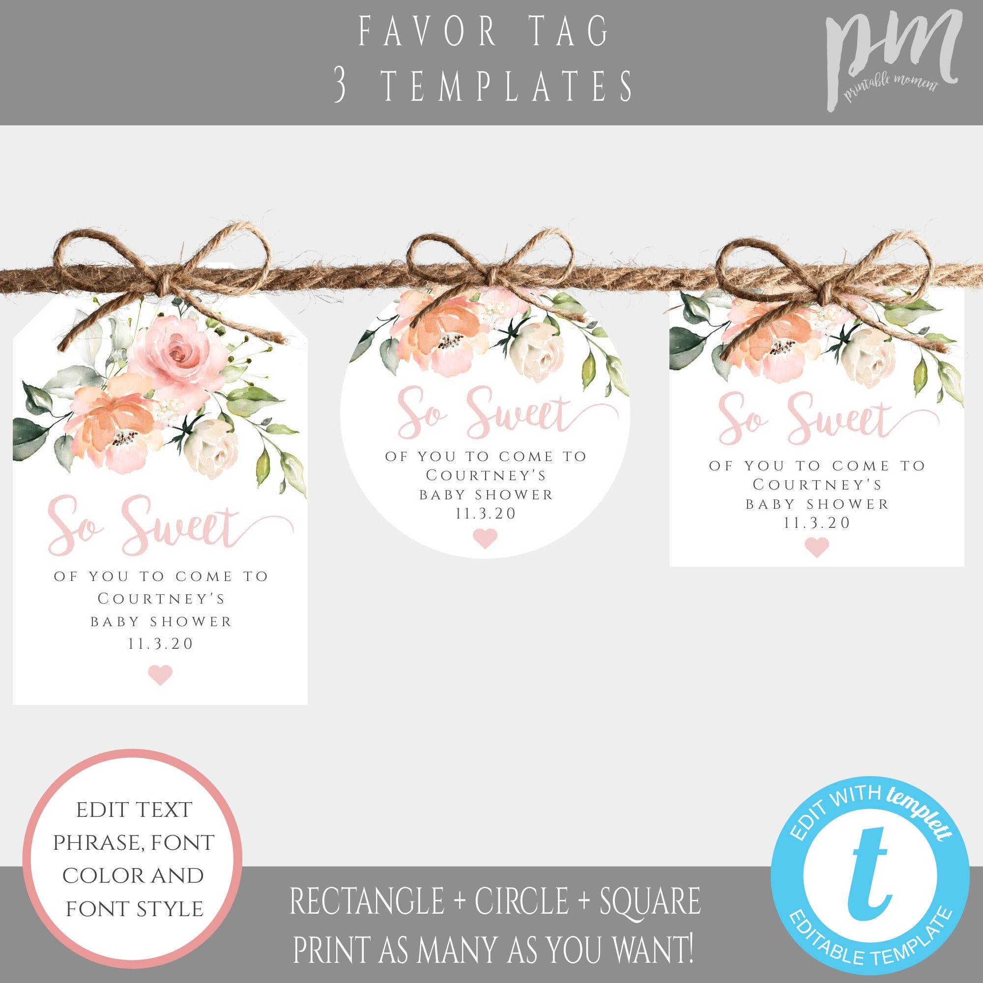 Peach Floral Thank You Favor Tag Template, So Sweet Gift Tag Printable ...