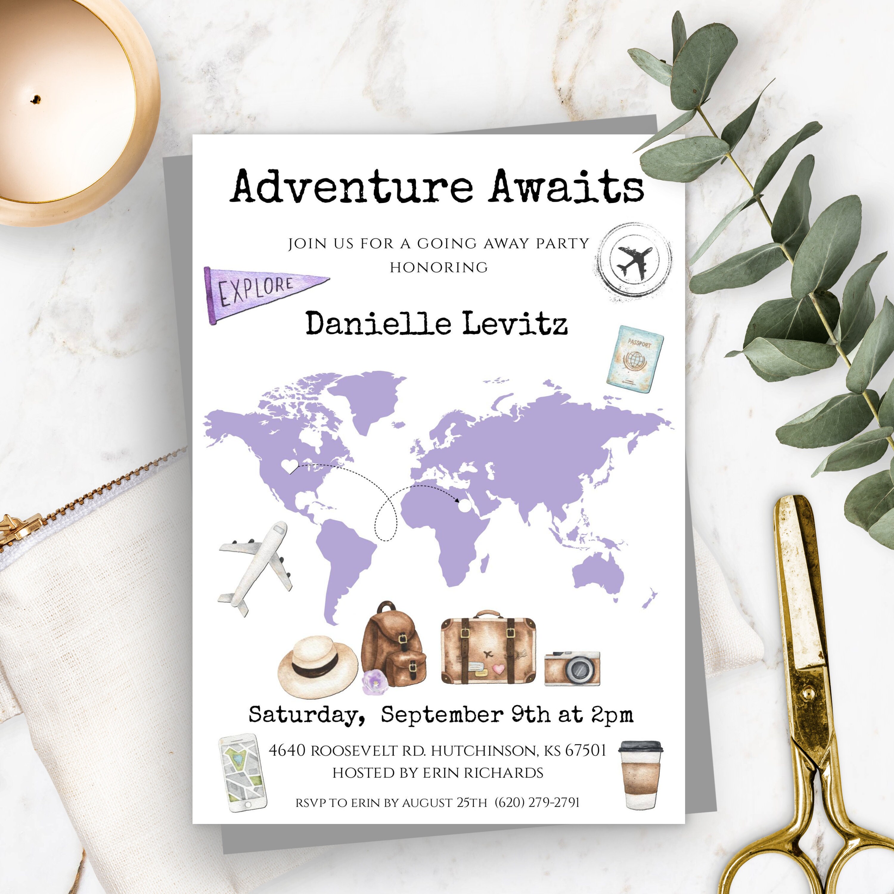 Map Party Invite Purple World Map Invitation Template, Adventure Awaits Going Away Party ...