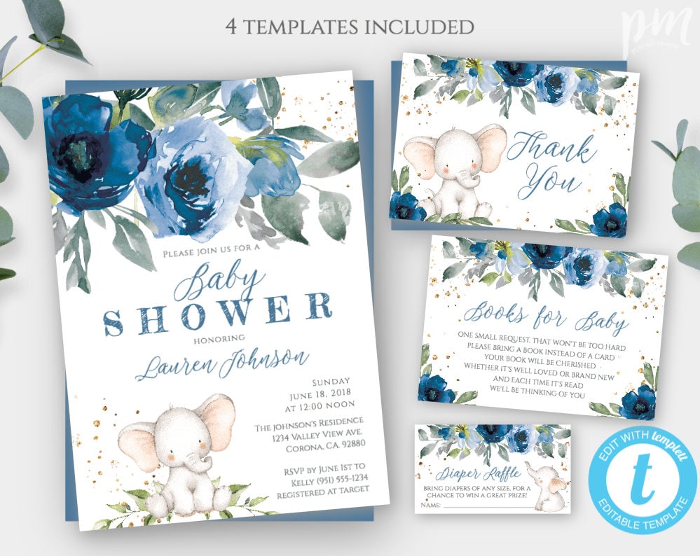 Blue Elephant Baby Shower Invitation Template for Boy, Personalized Baby  Elephant Shower, DIY Printable Baby Boy Shower, Self Edit, BFE - Templett  Shop, image size:999x794