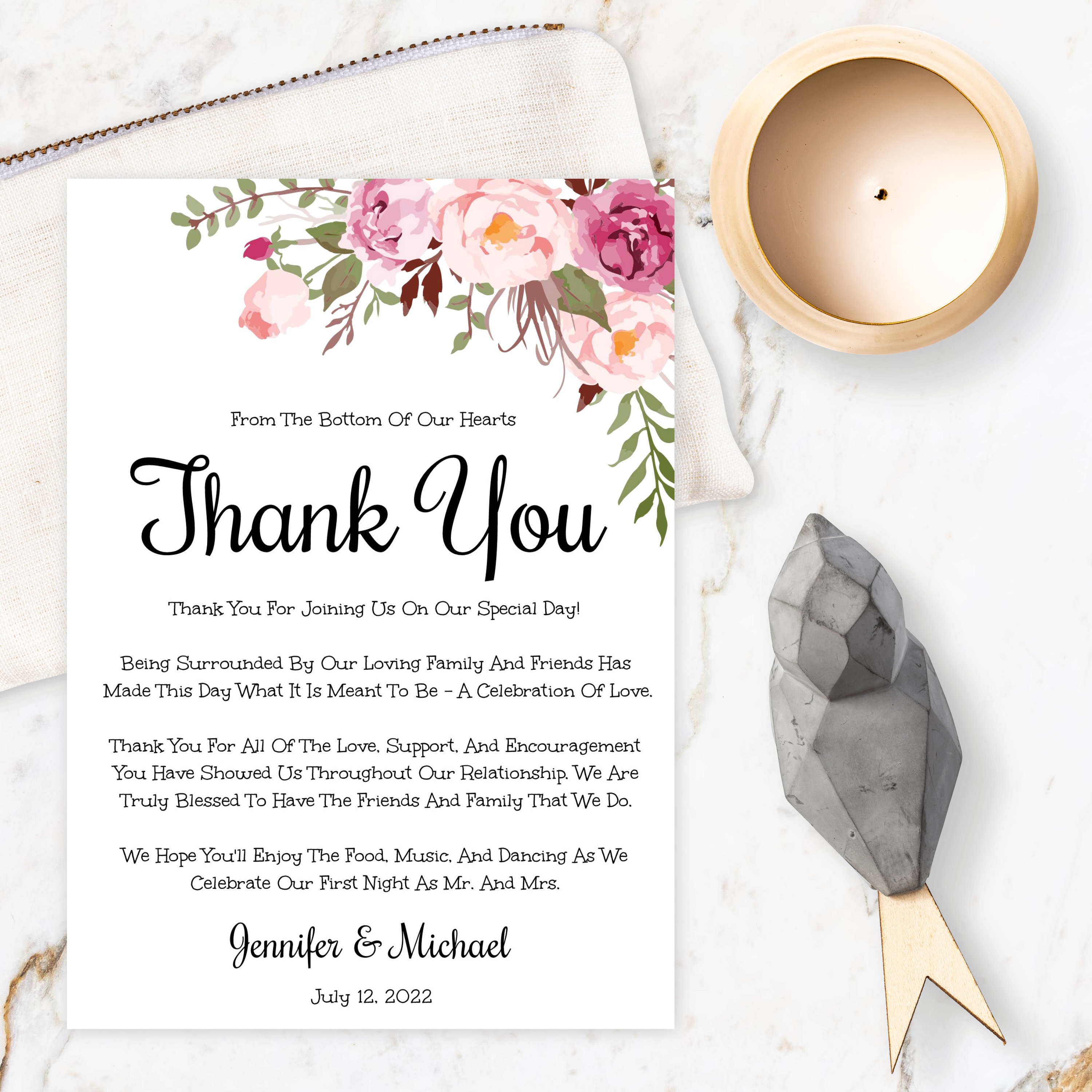 Pink Floral Wedding Thank You Card Template, Printable Thank You Cards ...