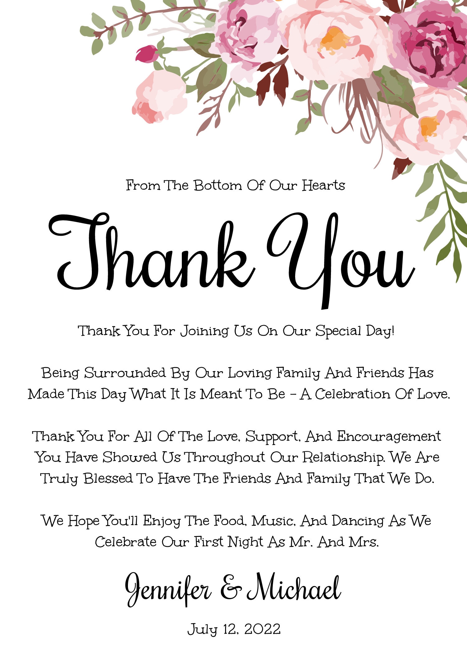 Pink Floral Wedding Thank You Card Template, Printable Thank You Cards ...