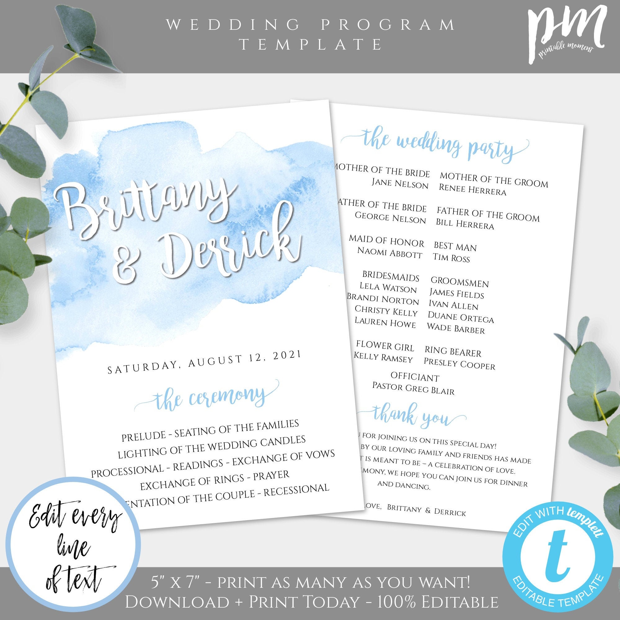 Light Blue Watercolor Wedding Program, Printable Program, Wedding ...