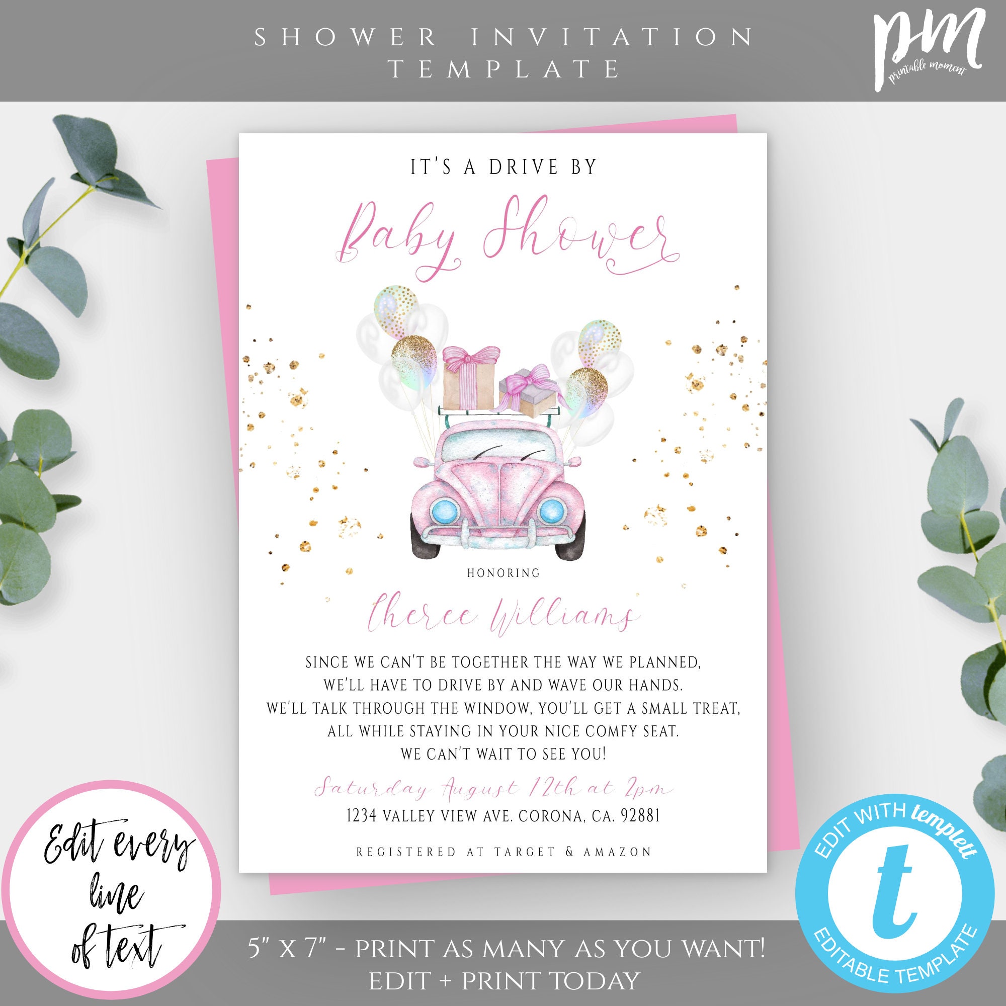 Pink Drive By Baby Shower Parade Invitation Template, Editable Drive ...