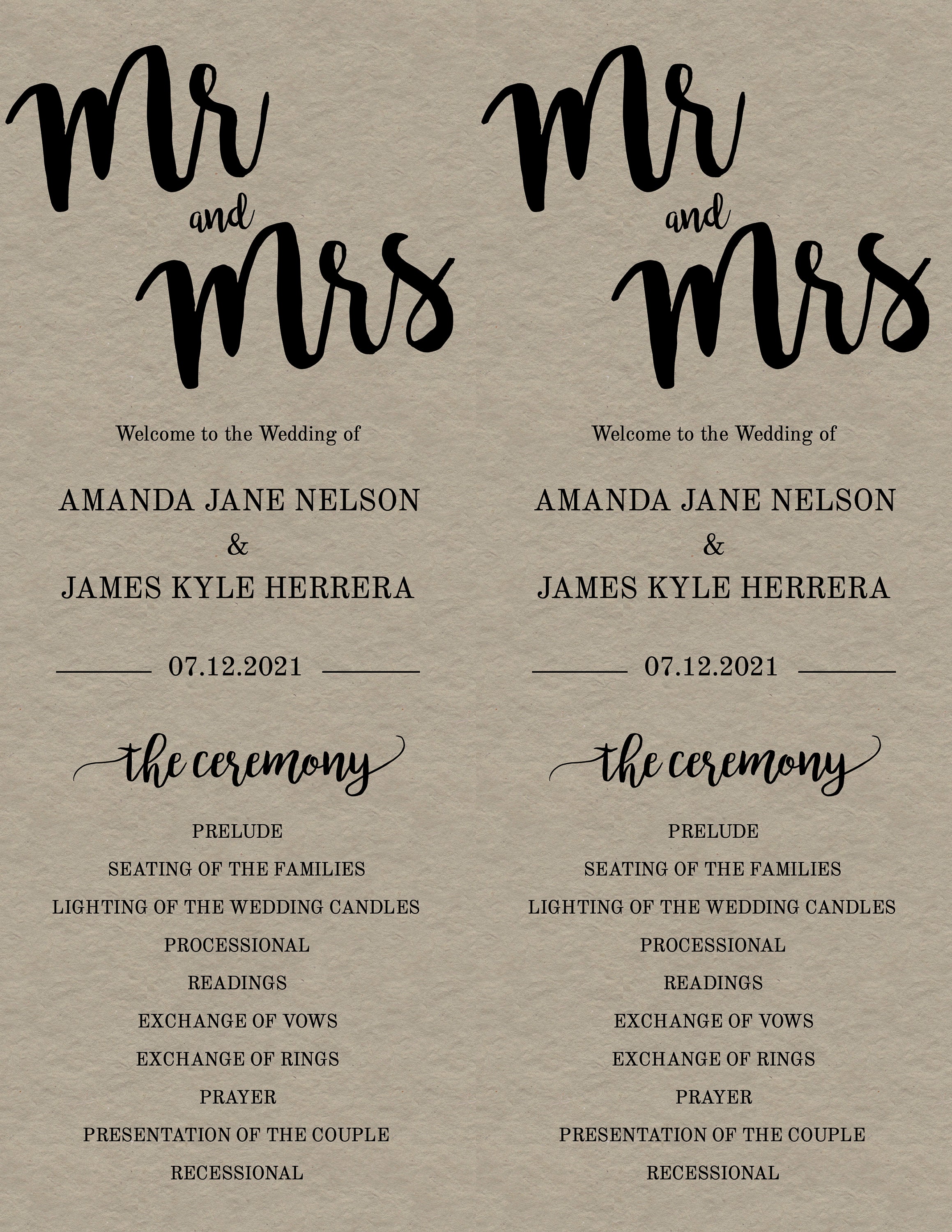 Rustic Program Design Rustic Program Template for Wedding, 1/2 page Printable Program ...