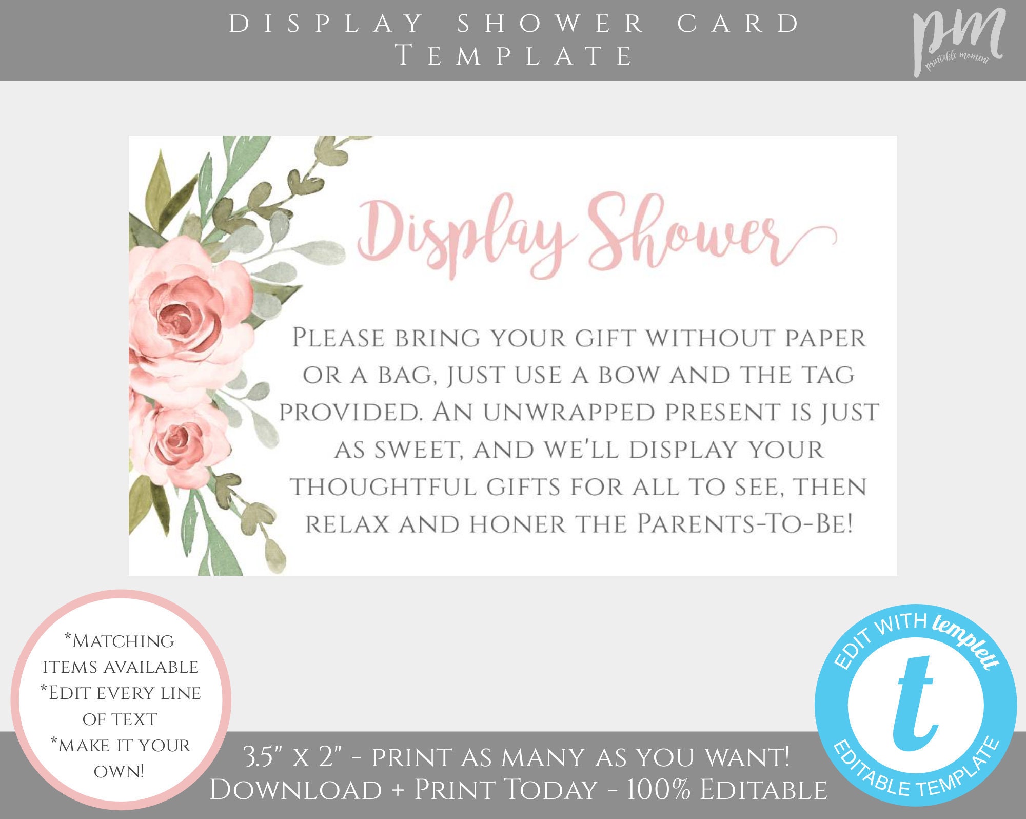 Display Shower Card Insert Template, Pink Floral Baby Shower, Blush ...