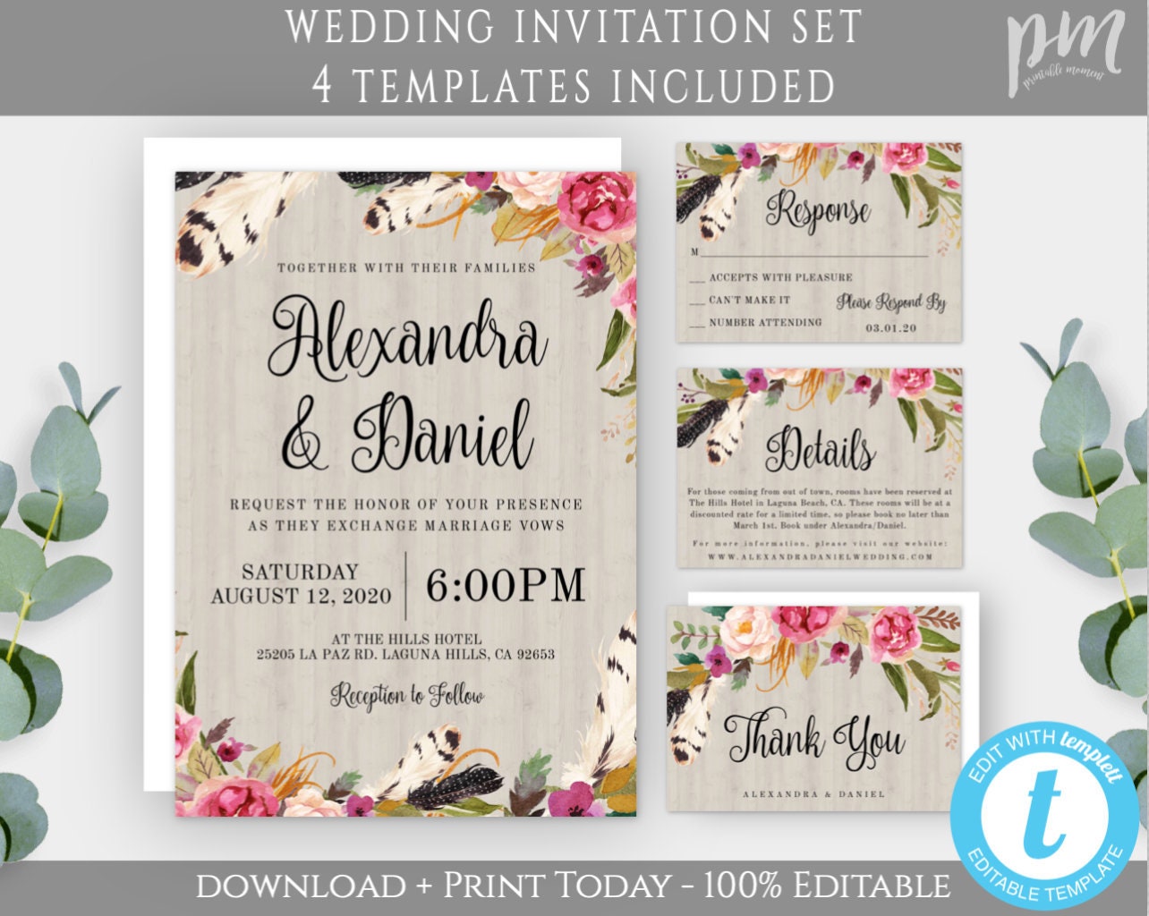 Bohemian Floral Wedding Invitation, Bohemian Wedding Template Set, Boho  Chic Invitations, Printable Wedding Invite, Editable Wedding Invites -  Templett Shop, image size:1284x1024