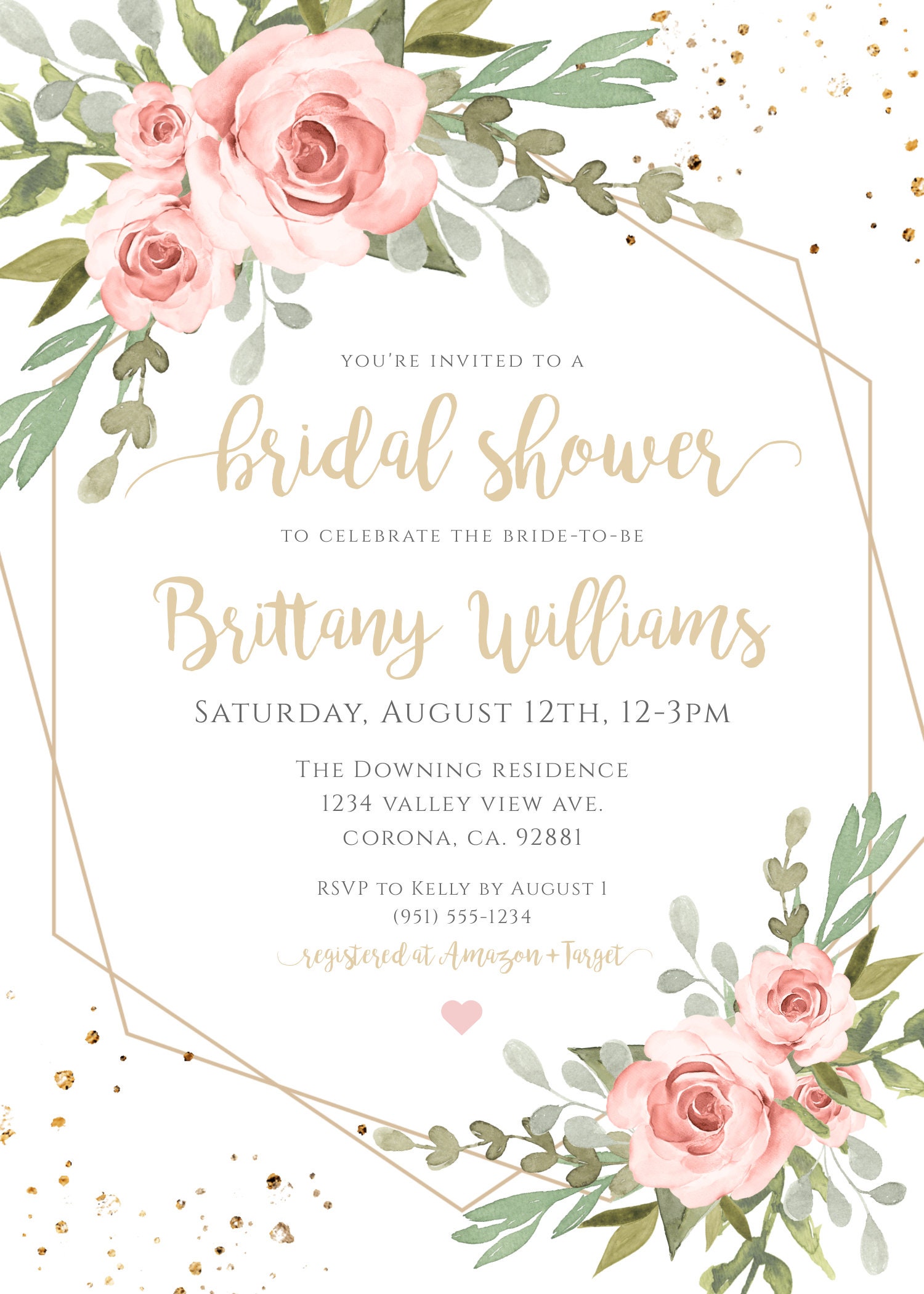 Pink Floral Bridal Shower Invitation + Folding Thank You Card Template ...