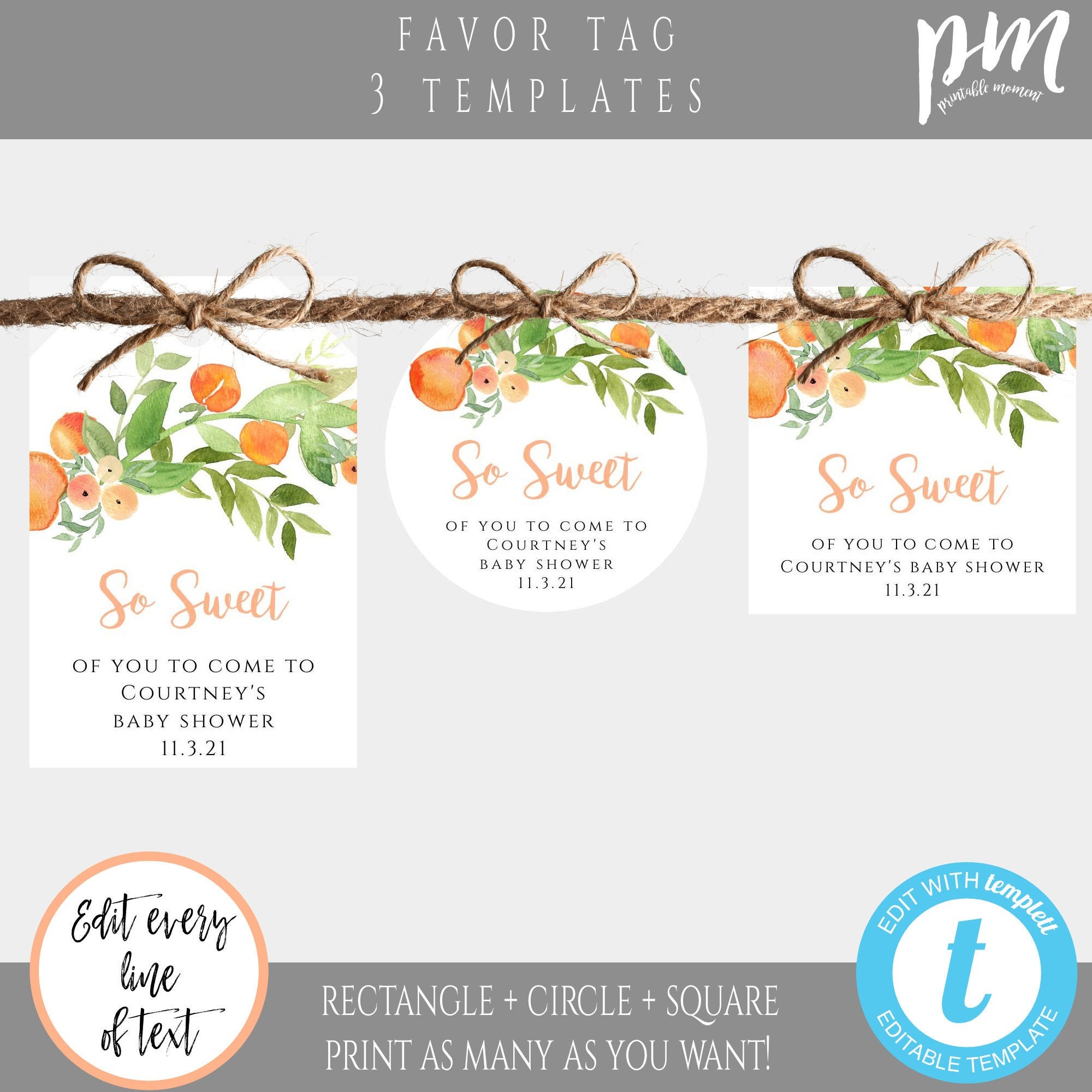 Peach Baby Shower Thank You Favor Tag Templates, So Sweet Gift Tag ...