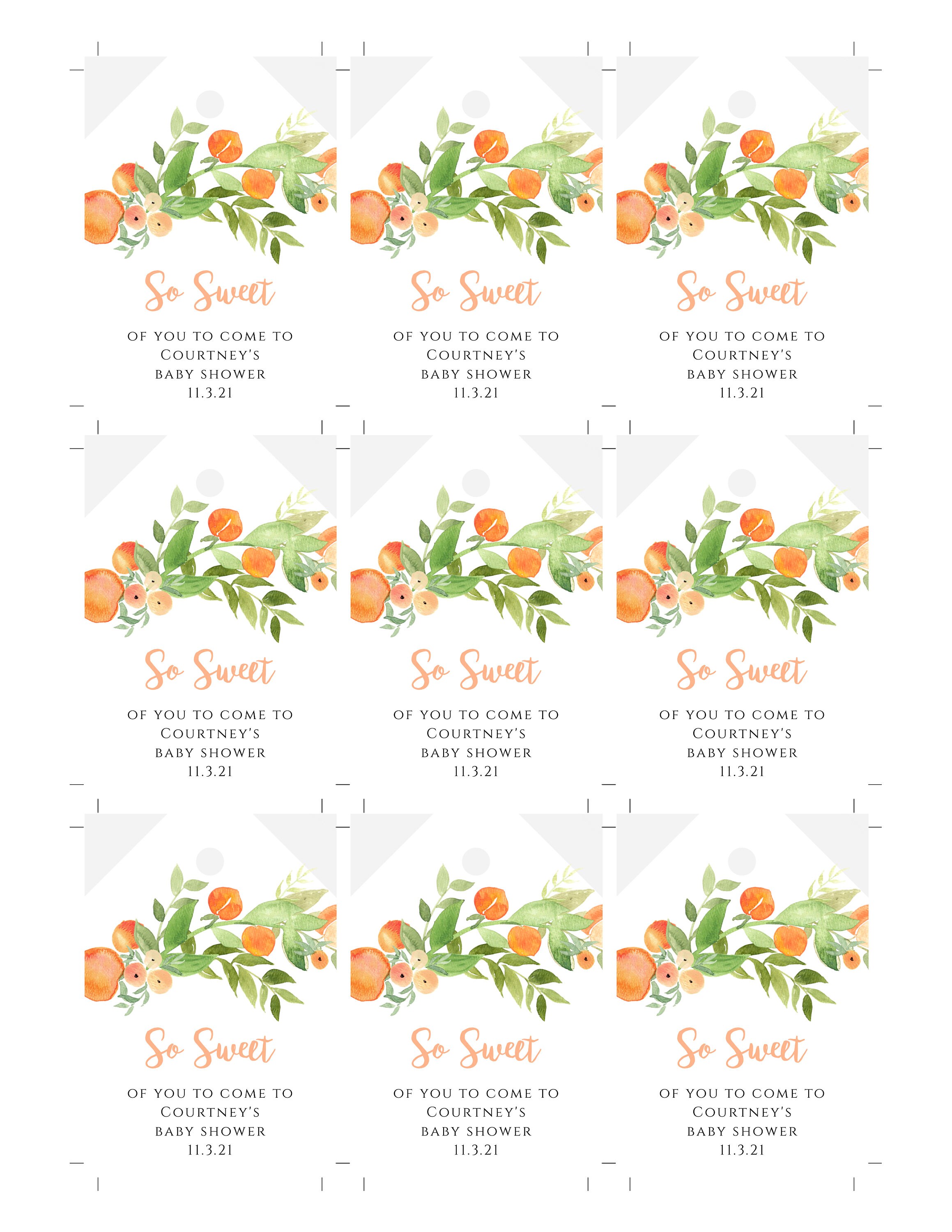 Peach Baby Shower Thank You Favor Tag Templates, So Sweet Gift Tag ...