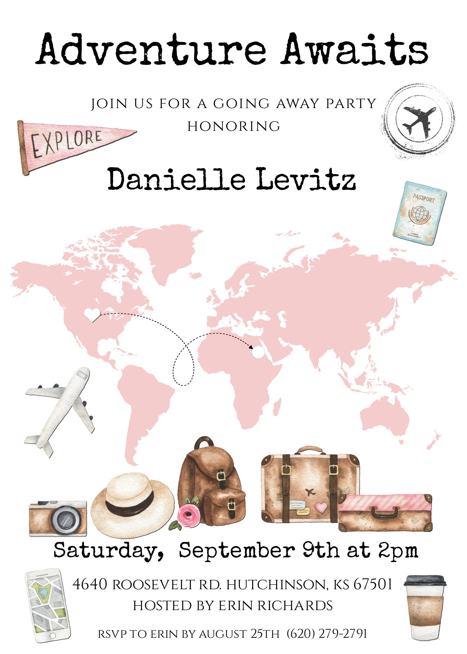 Map Party Invite Pink World Map Invitation Template, Adventure Awaits Going Away Party ...