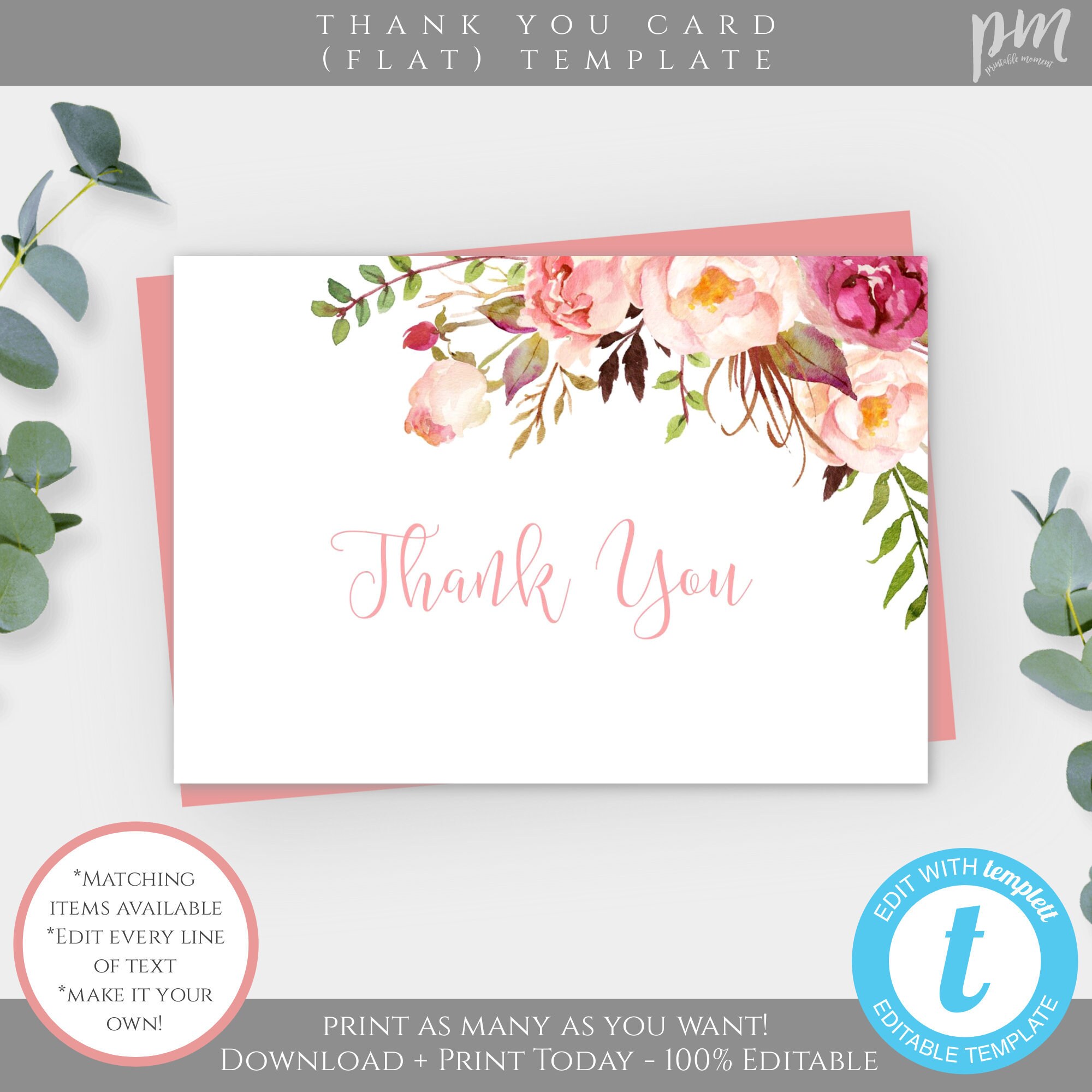Peach Floral Thank You Card Printable, Thank You Card Template ...