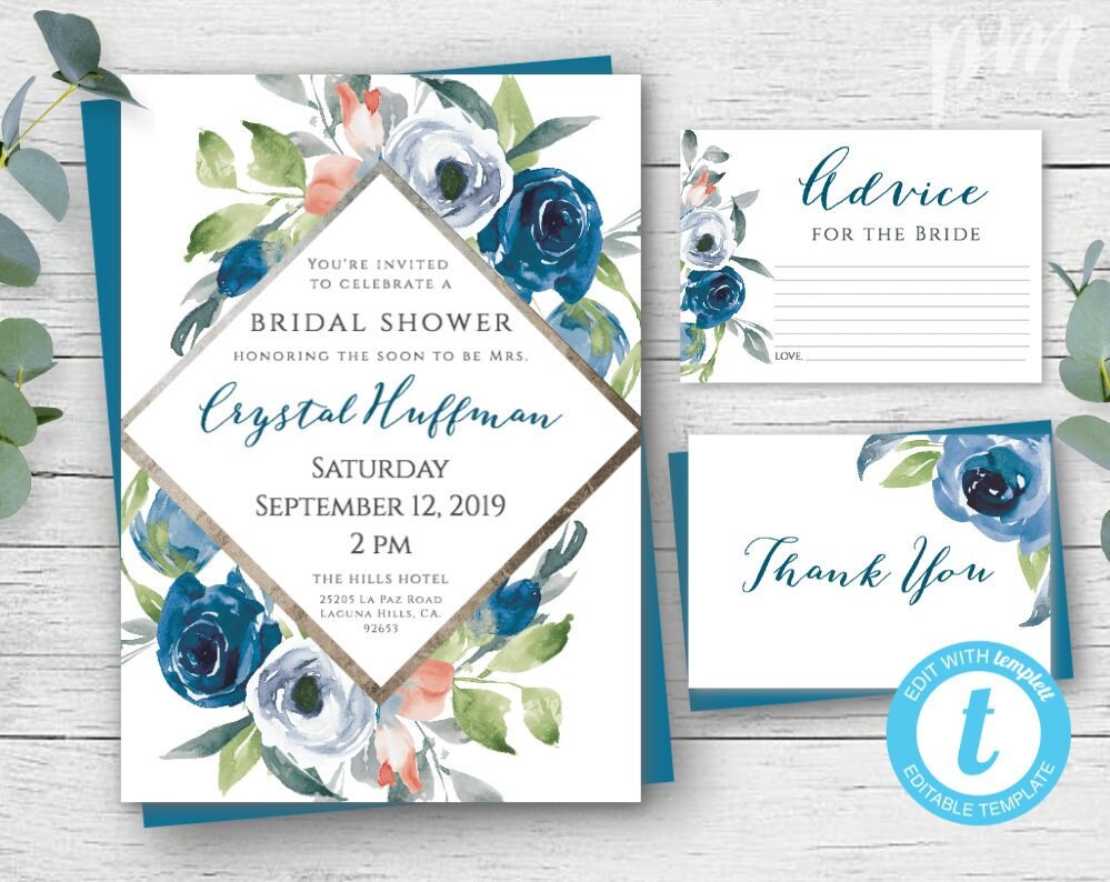 Navy Bridal Shower Invitation Instant Download, Printable Shower Template,  Editable Floral Invite + Thank You Card + Advice Card WBF - Templett Shop, image size:999x794