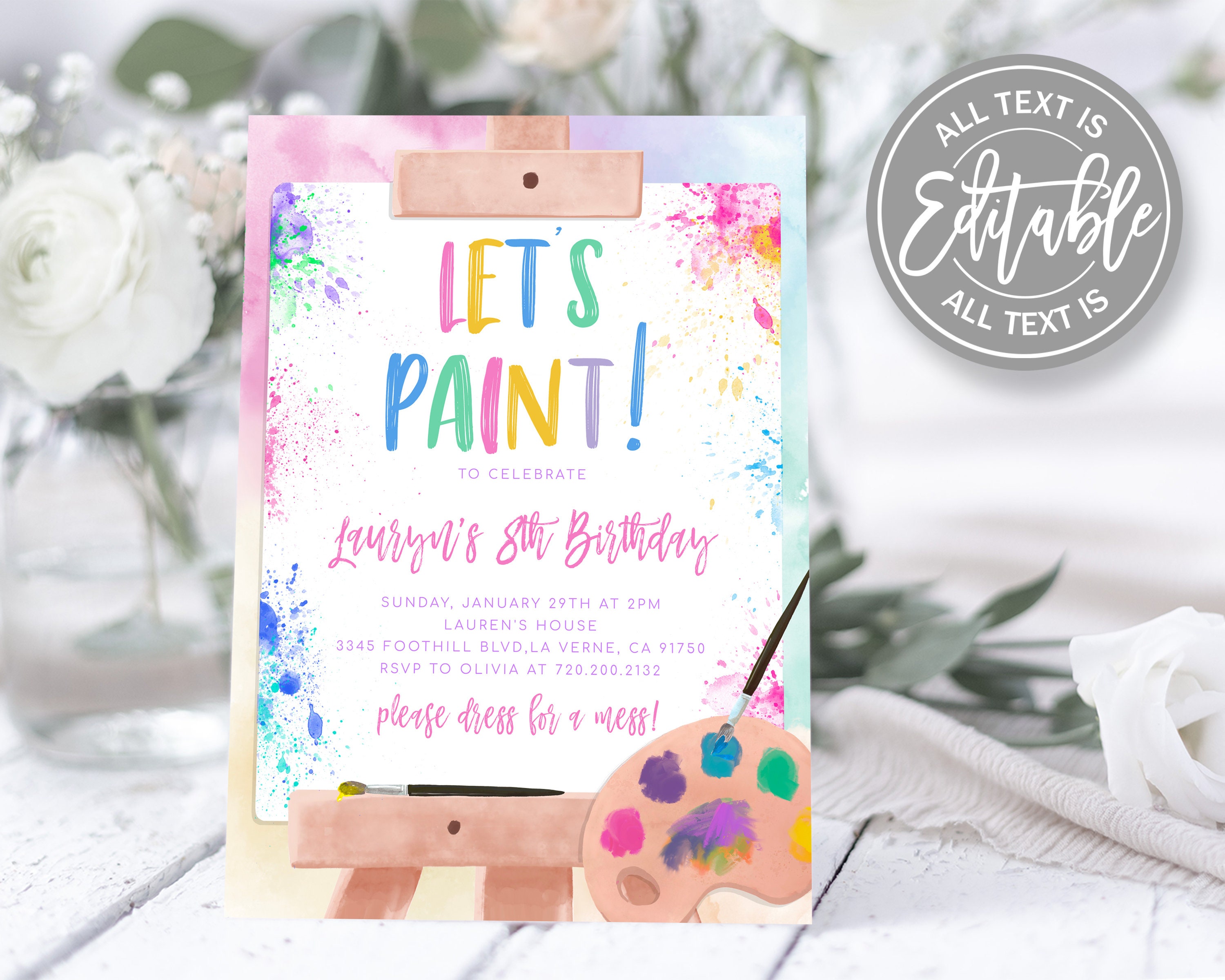 Editable Art Birthday Party Paint Party Invitation Template Pastel ...