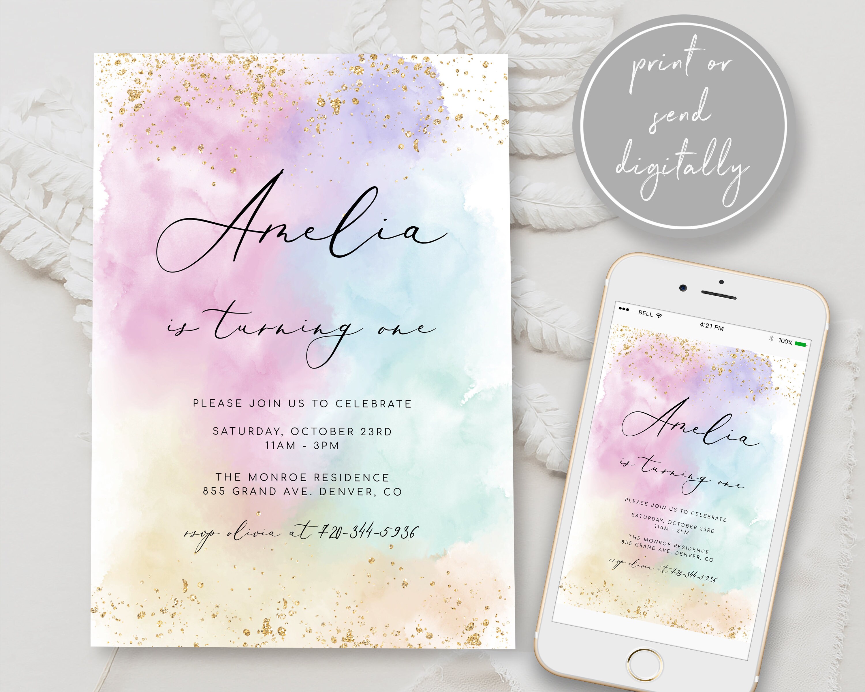 Editable Rainbow Birthday Invitation Template Watercolor Gold Glitter ...
