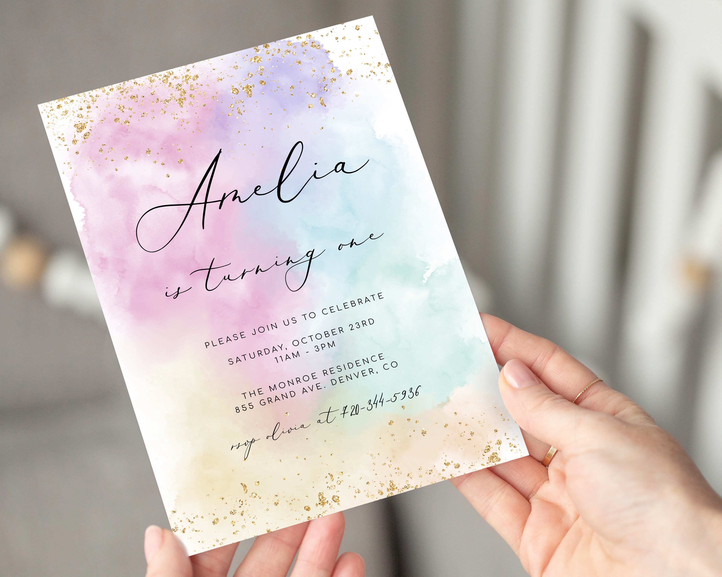 Editable Rainbow Birthday Invitation Template Watercolor Gold Glitter ...