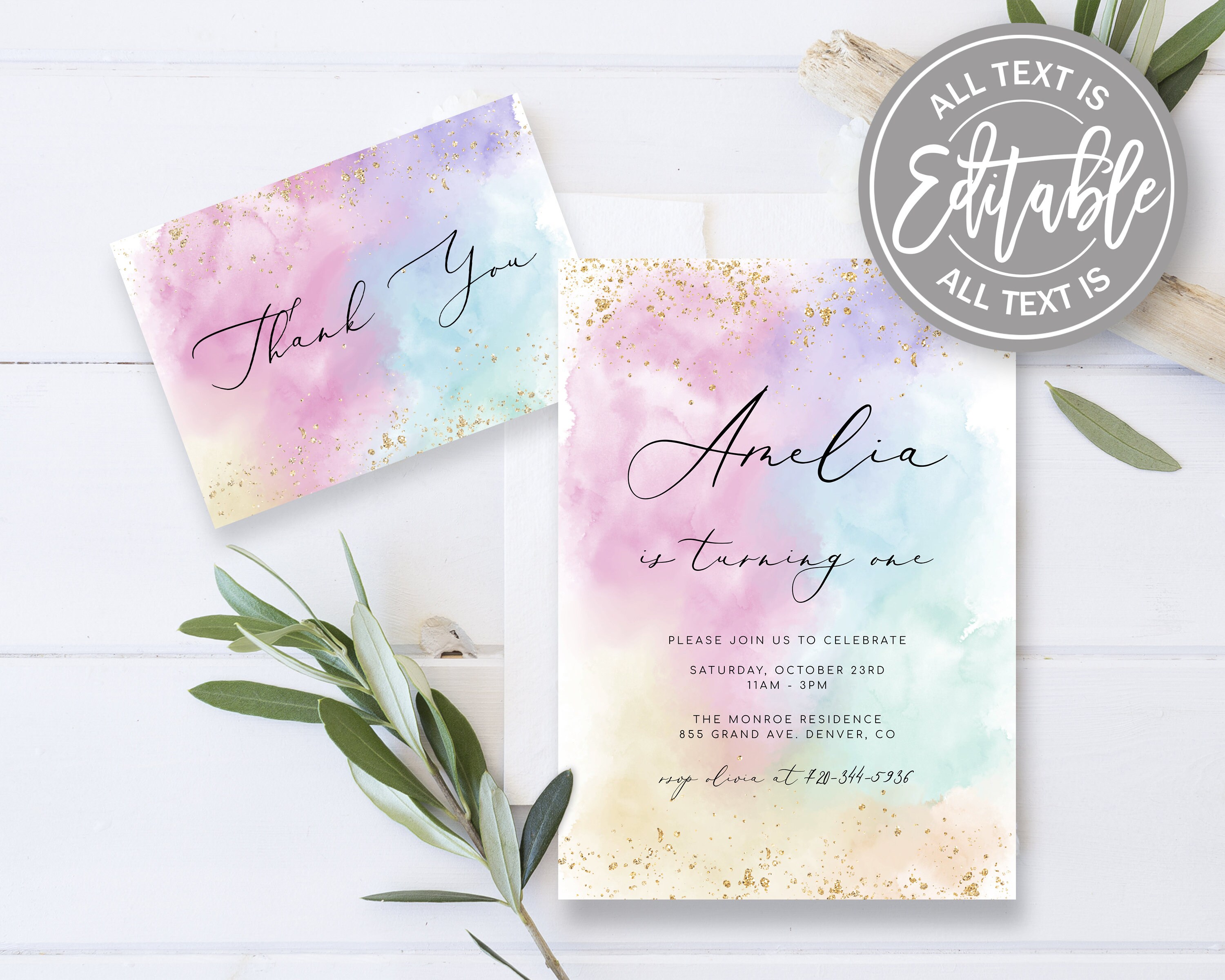 Editable Rainbow Birthday Invitation Template Watercolor Gold Glitter ...