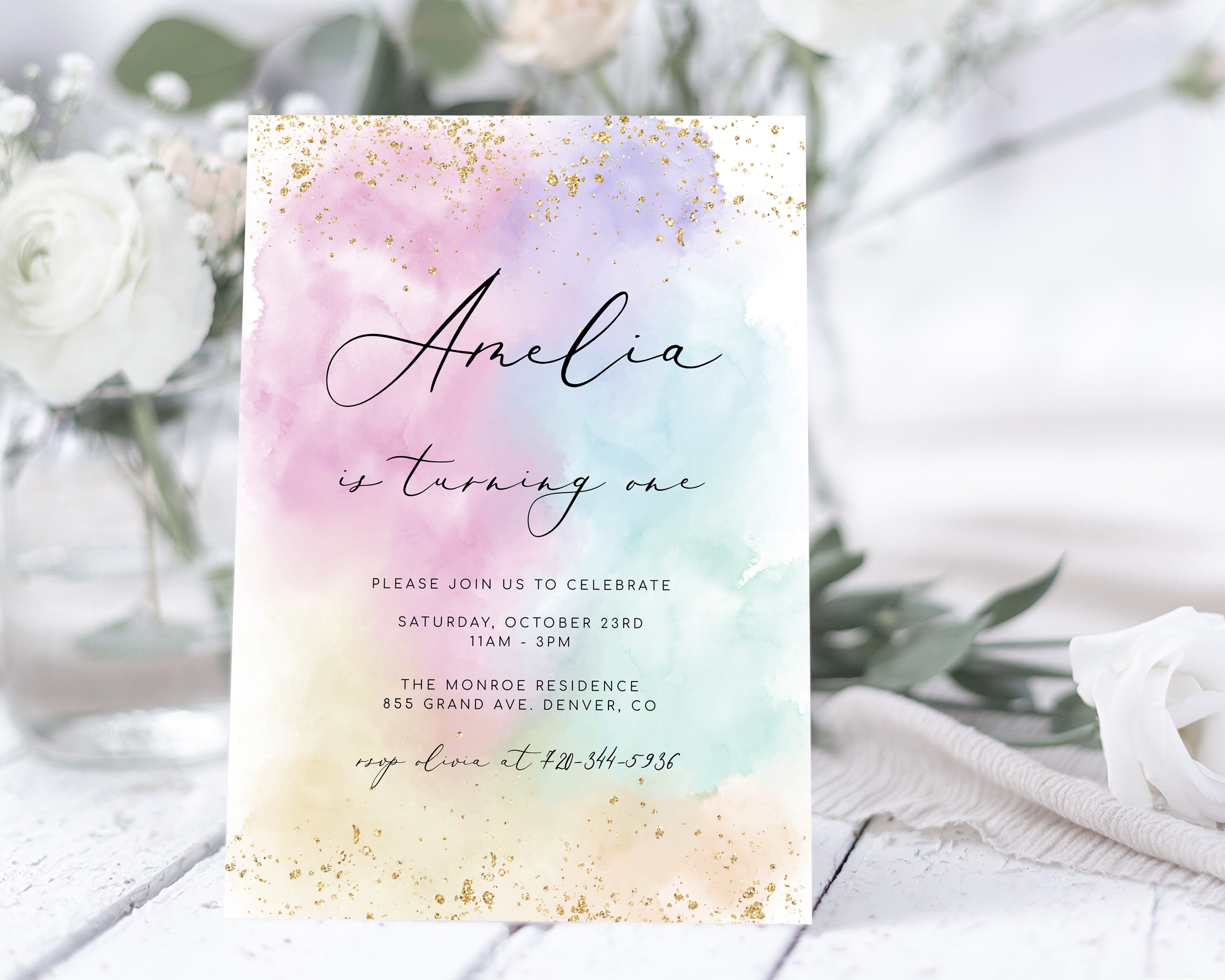 Editable Rainbow Birthday Invitation Template Watercolor Gold Glitter ...