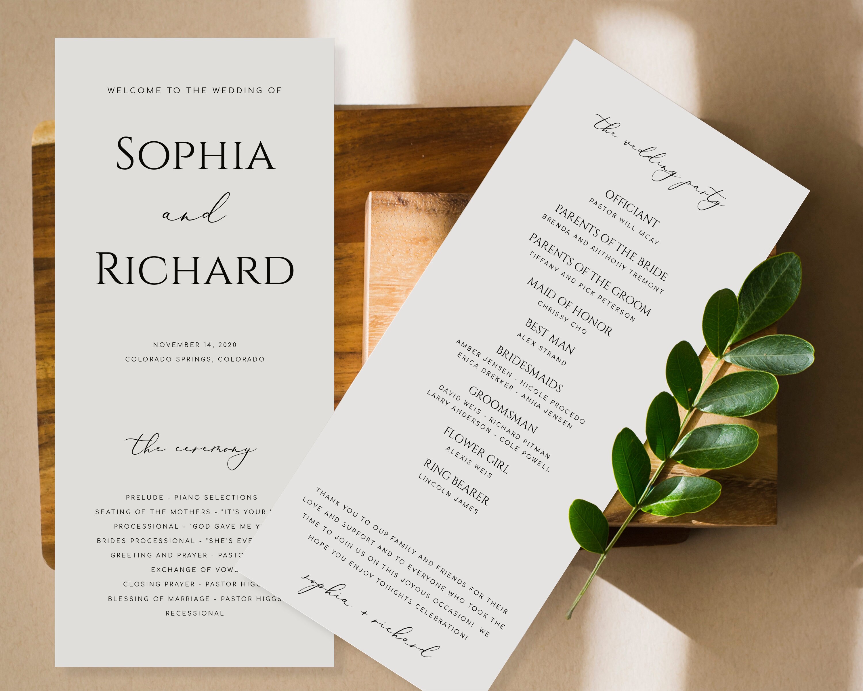 Modern Minimalist Tea Length Wedding Program Template Simple Ceremony ...