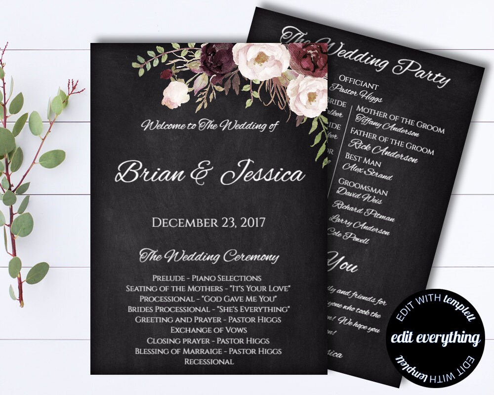 Floral Wedding Program Template - Floral Program - Floral Wedding ...