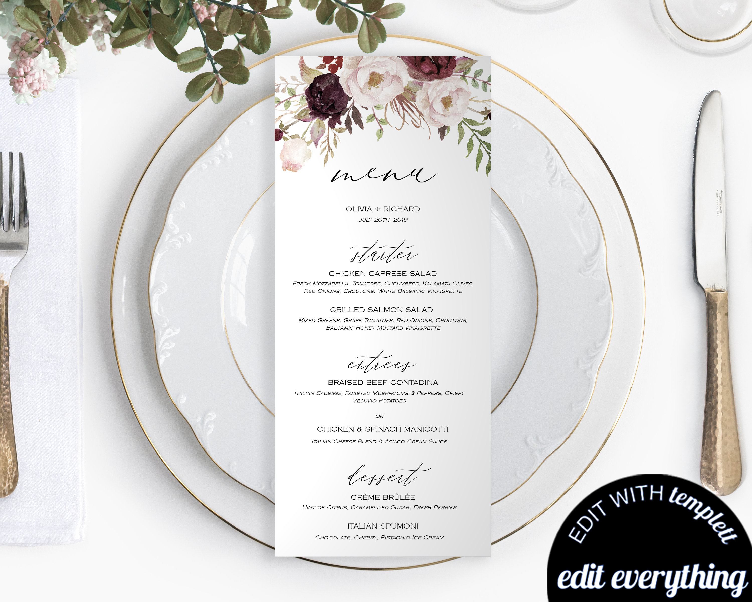 Flower Design For Menu Floral Wedding Menu Template Floral Wedding Menu Cards Floral Menu ...