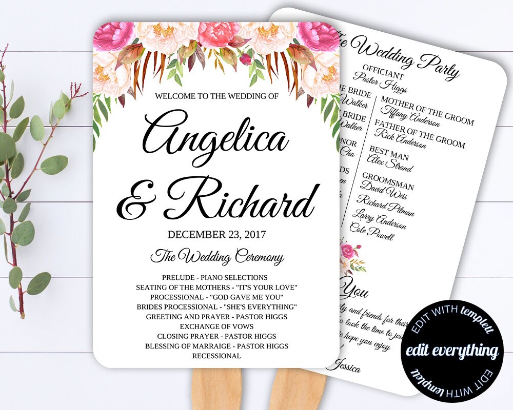 Wedding Program Fan - Floral Program Fan - Printable Program Template ...