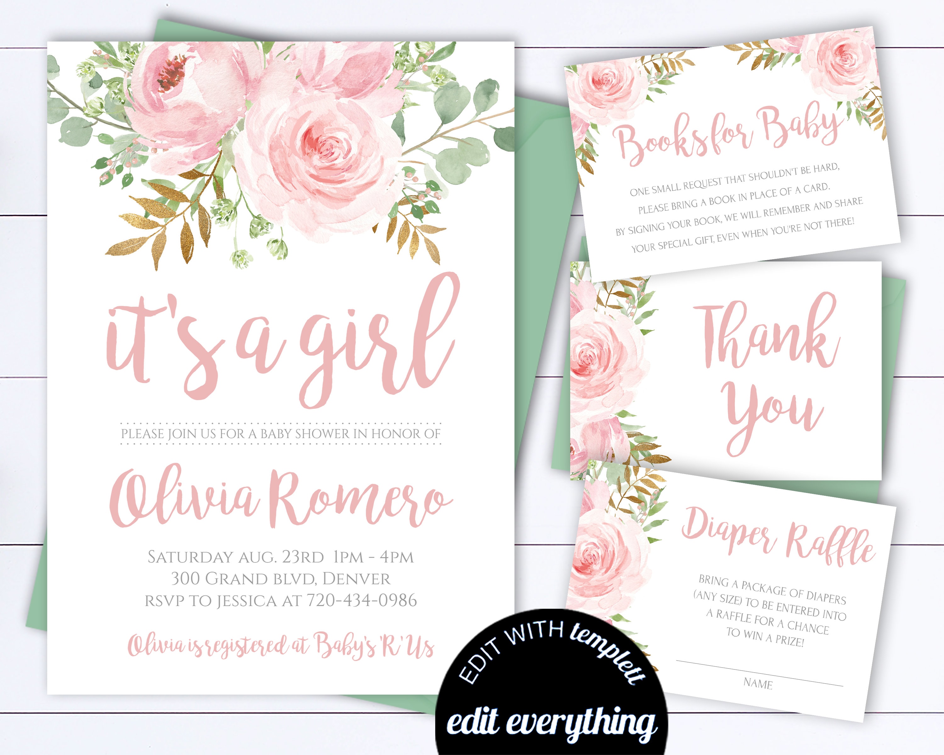 Pink Floral Its a girl Baby Shower Invitation Template Pink Floral ...